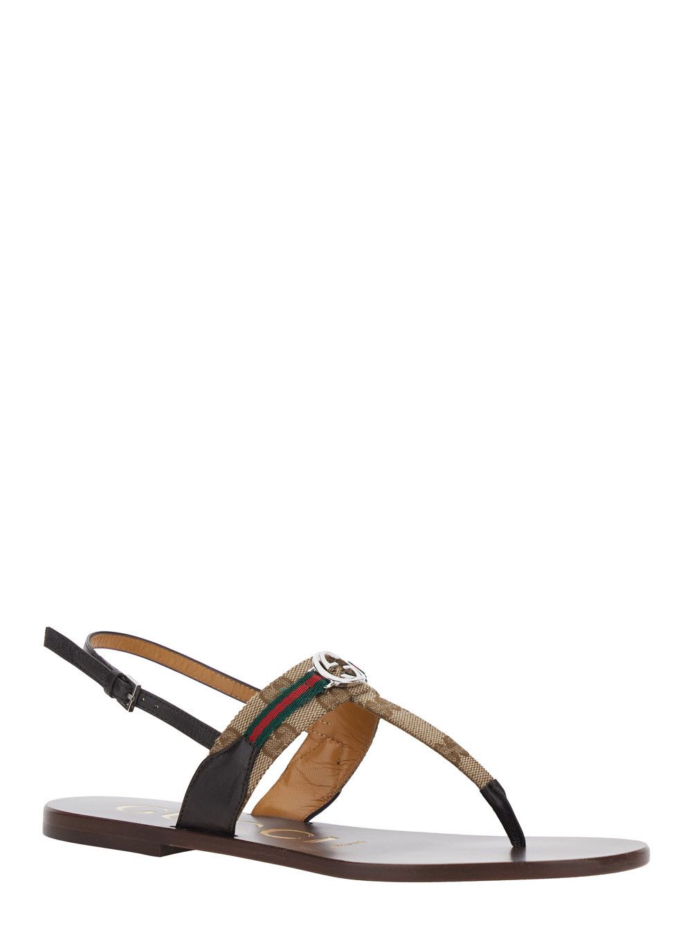 Gucci Beige 'Kika' Sandals Thong with GG Plate on the Front and Web Detail in GG Fabric and Leather for Women Size US 8 / IT 38 - 2 Thumbnail