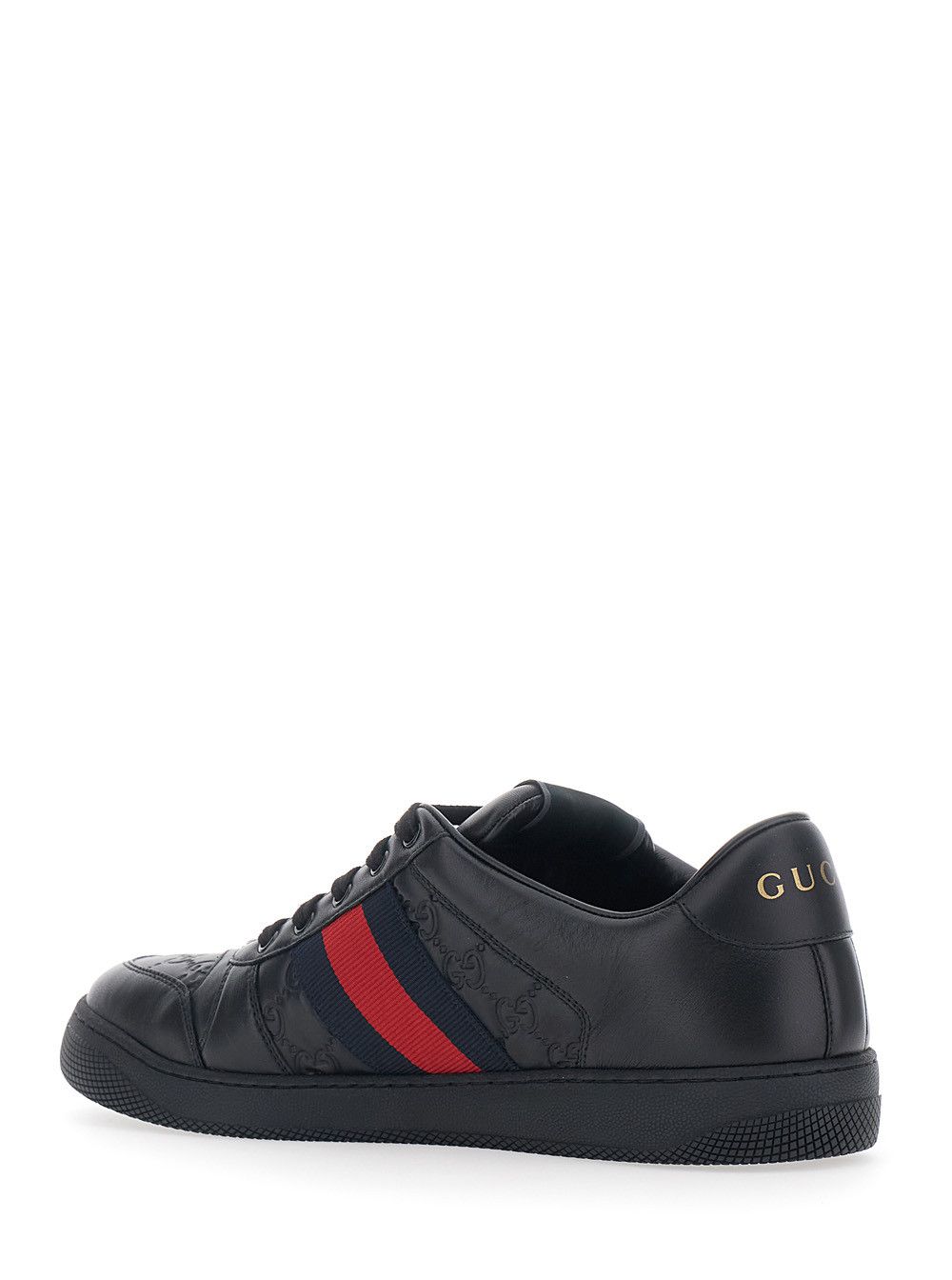 Gucci Black Sneaker 'Screener' Low Top with Web Detail on the Side and GG Embossed Motif in Leather for Men Size US 8 / EU 41 - 3 Thumbnail