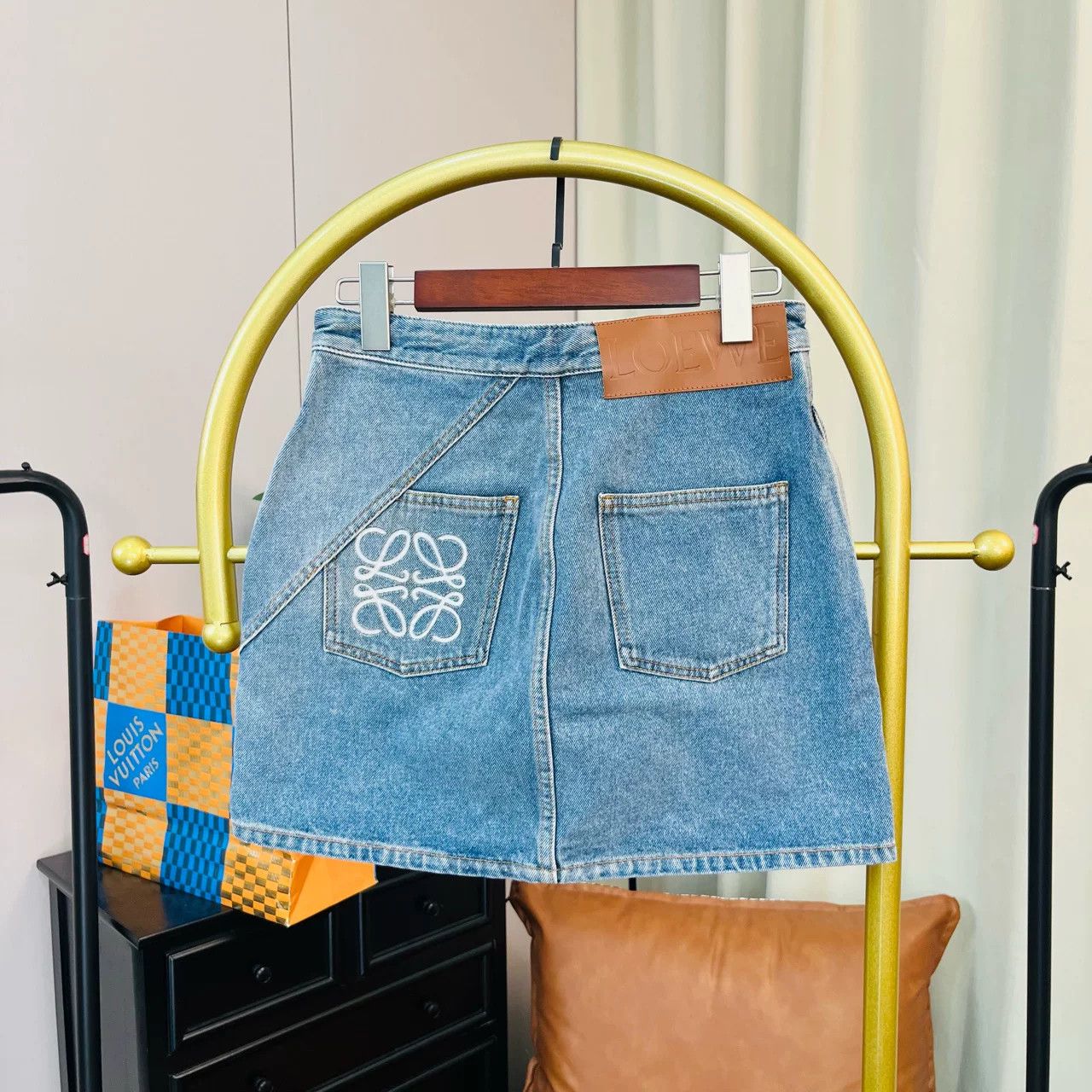 Loewe Loewe Blue Denim Mini Skirt with Leather Patch Size US 34 / EU 50 - 2 Thumbnail