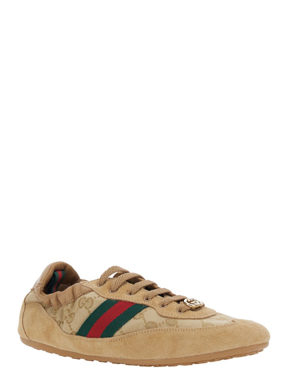 Gucci Beige Low Top Sneakers with GG Plaque on the Lace and Web Band on the Side in GG Canvas and Suede Woman Size US 6 / IT 36 - 2 Thumbnail