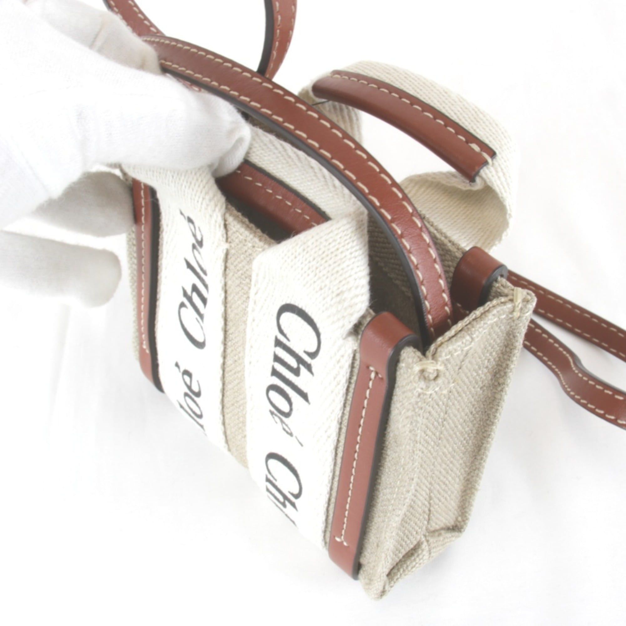 Chloe Chloé Chloe Woody Nano Tote Bag with Tag and Strap, Linen/Cotton/Leather, Beige, Women's Size ONE SIZE - 10 Thumbnail
