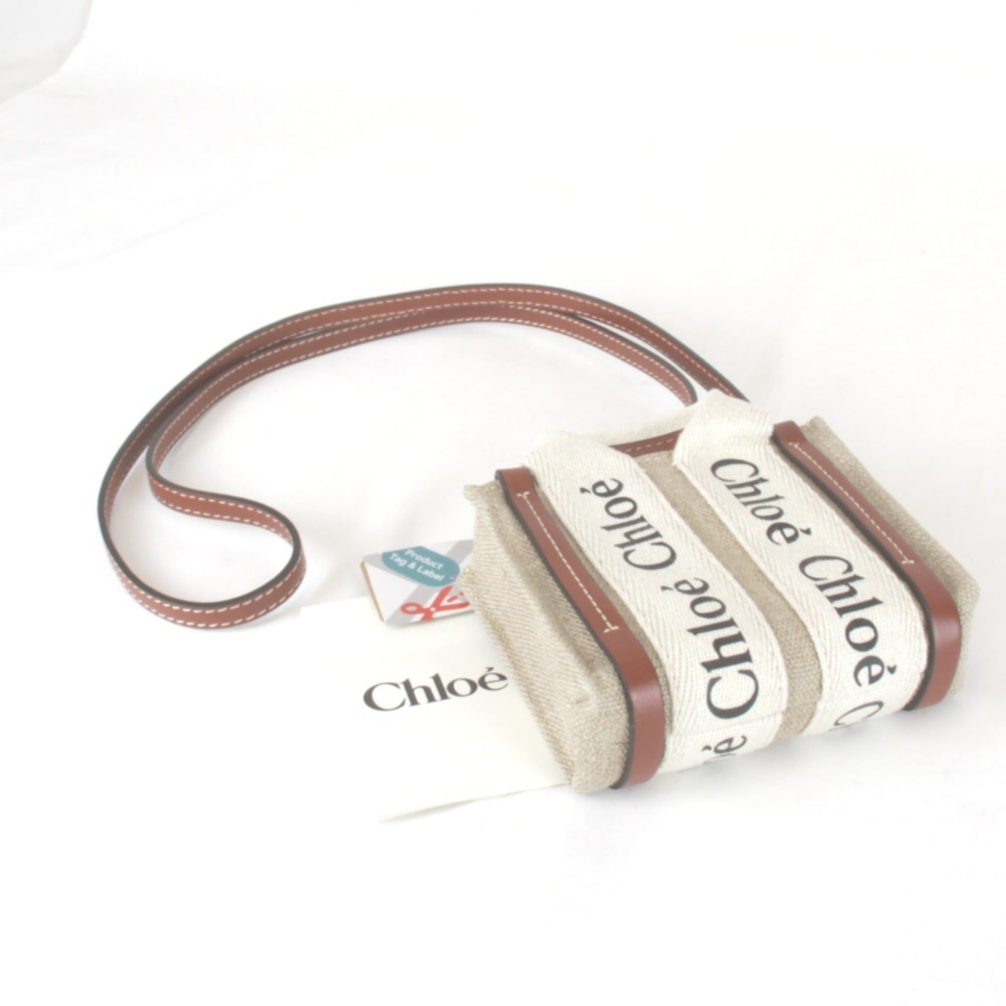 Chloe Chloé Chloe Woody Nano Tote Bag with Tag and Strap, Linen/Cotton/Leather, Beige, Women's Size ONE SIZE - 4 Thumbnail
