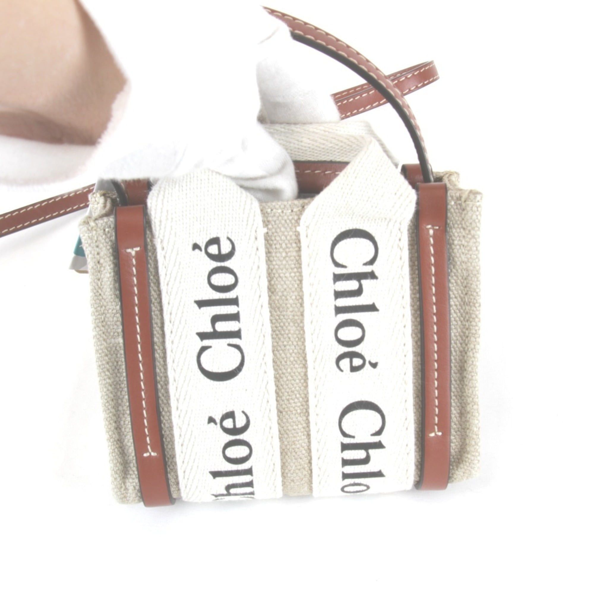 Chloe Chloé Chloe Woody Nano Tote Bag with Tag and Strap, Linen/Cotton/Leather, Beige, Women's Size ONE SIZE - 6 Thumbnail