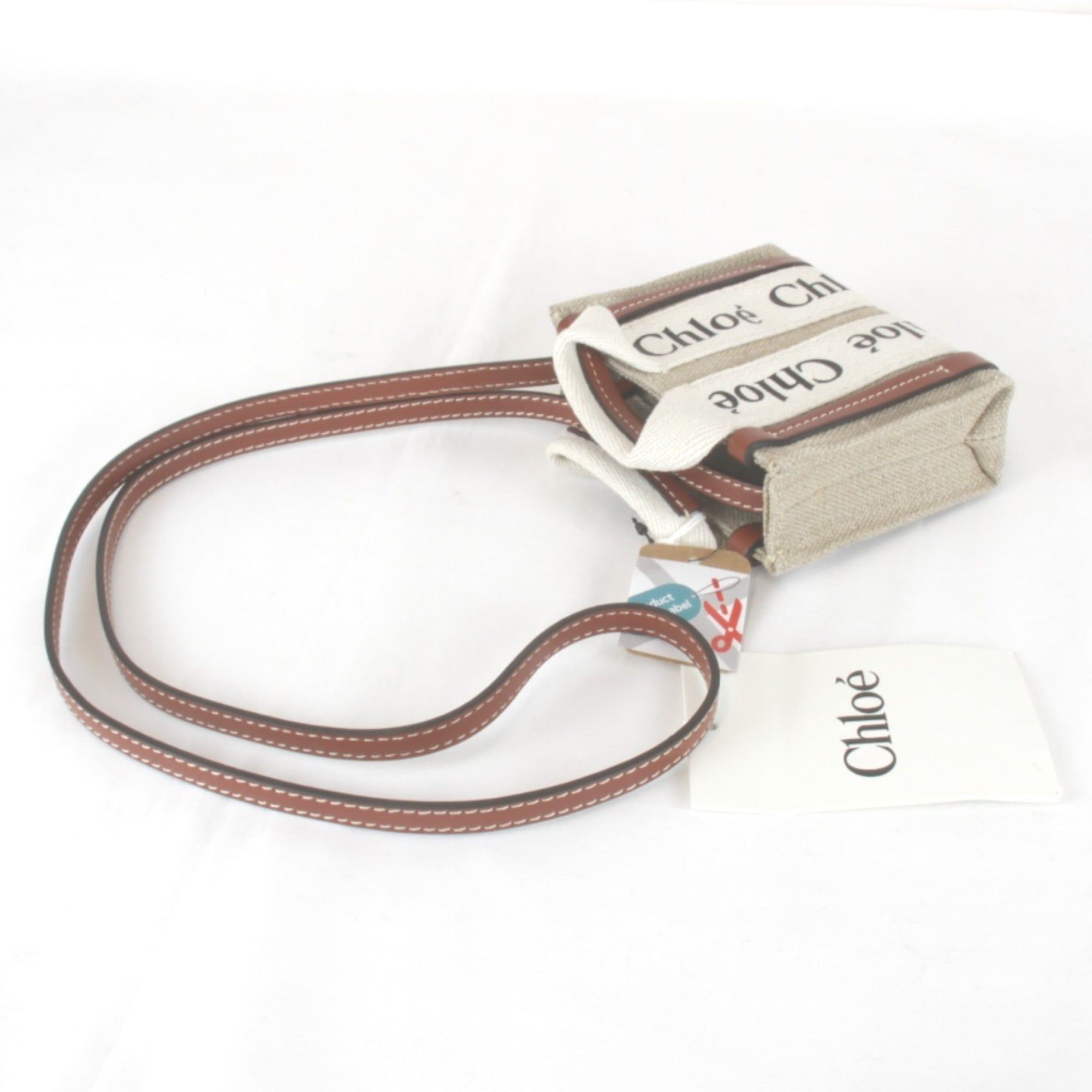 Chloe Chloé Chloe Woody Nano Tote Bag with Tag and Strap, Linen/Cotton/Leather, Beige, Women's Size ONE SIZE - 5 Thumbnail