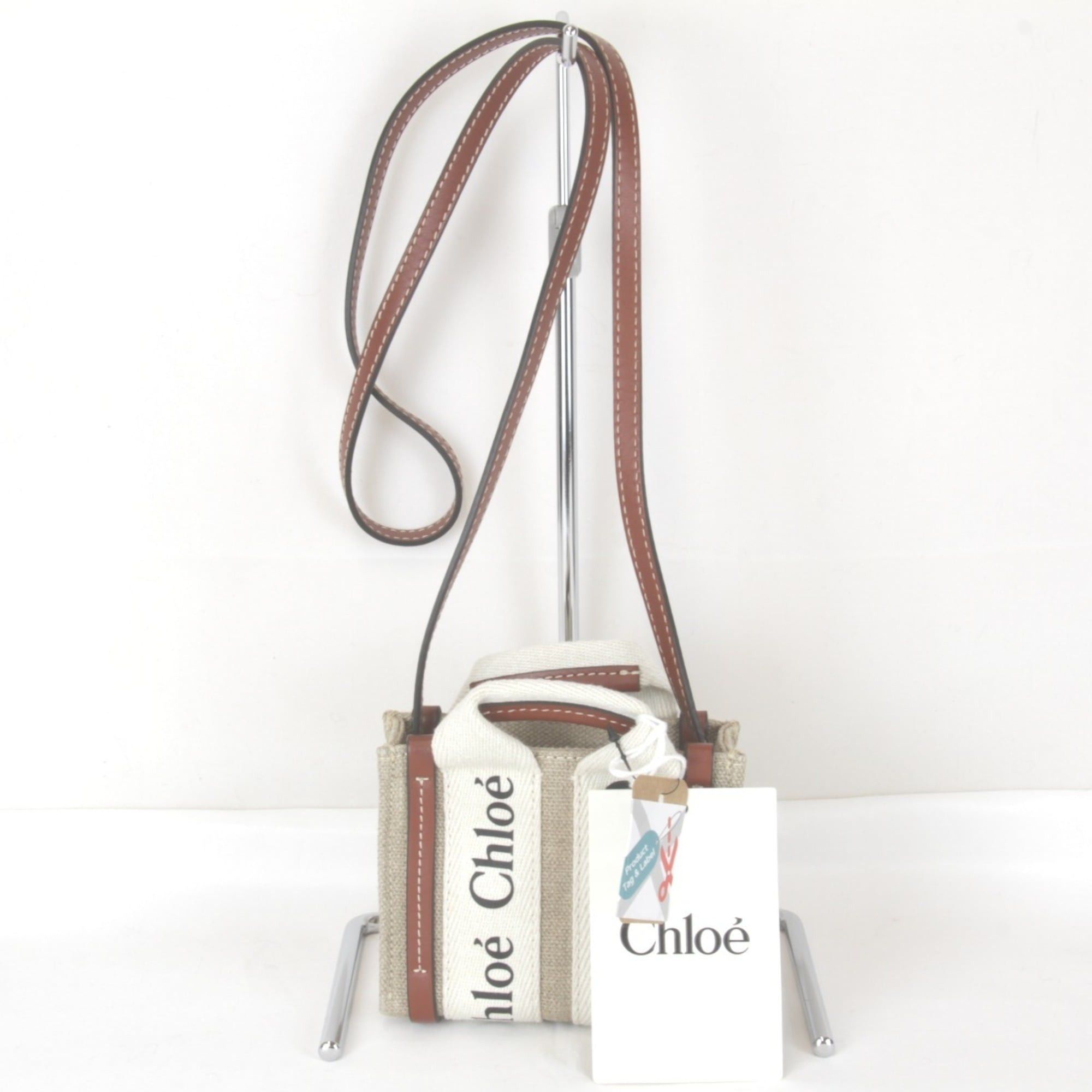 Chloe Chloé Chloe Woody Nano Tote Bag with Tag and Strap, Linen/Cotton/Leather, Beige, Women's Size ONE SIZE - 2 Thumbnail