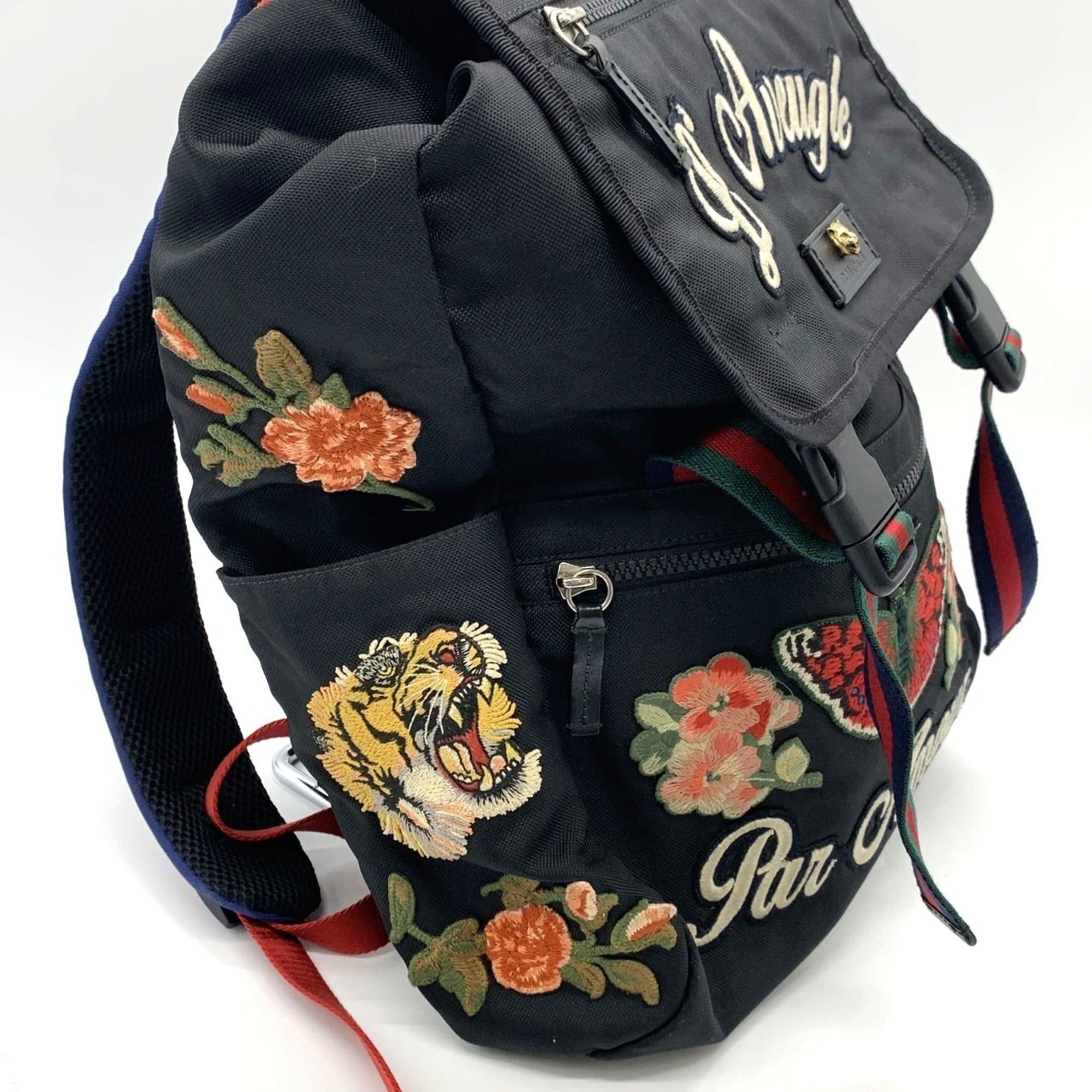 Gucci GUCCI 450982 Backpack/Daypack with Cat Head Embroidered Patch, Tiger, Butterfly, and Flower Design in Black Nylon for Men Women Size ONE SIZE - 3 Thumbnail