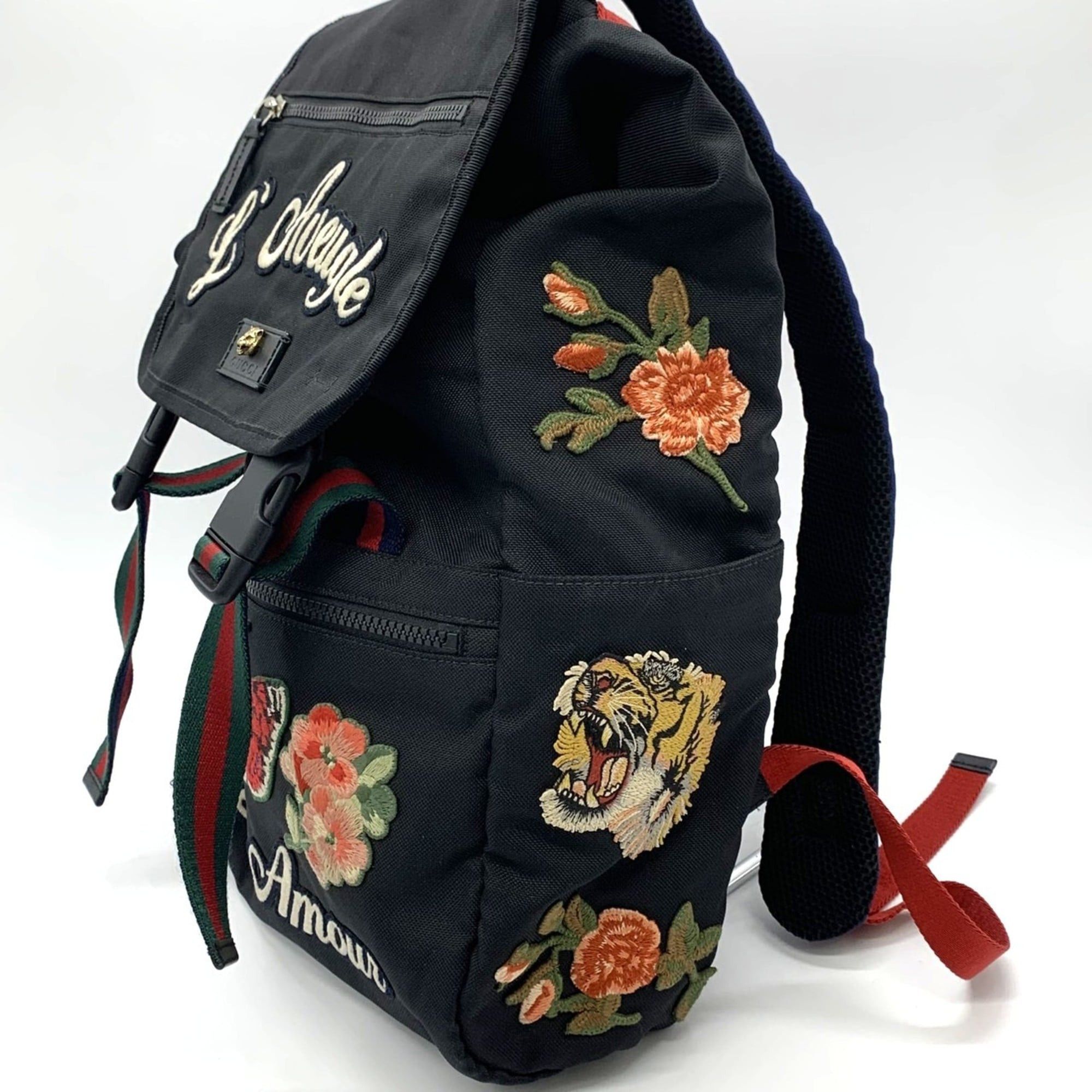 Gucci GUCCI 450982 Backpack/Daypack with Cat Head Embroidered Patch, Tiger, Butterfly, and Flower Design in Black Nylon for Men Women Size ONE SIZE - 2 Thumbnail