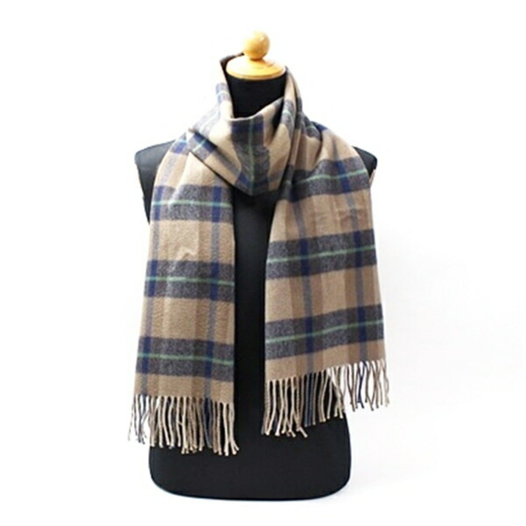 Alfred Dunhill Dunhill Men's Wool Scarf, Beige, Navy, and Green Check, 170 x 38 cm Size ONE SIZE - 2 Thumbnail
