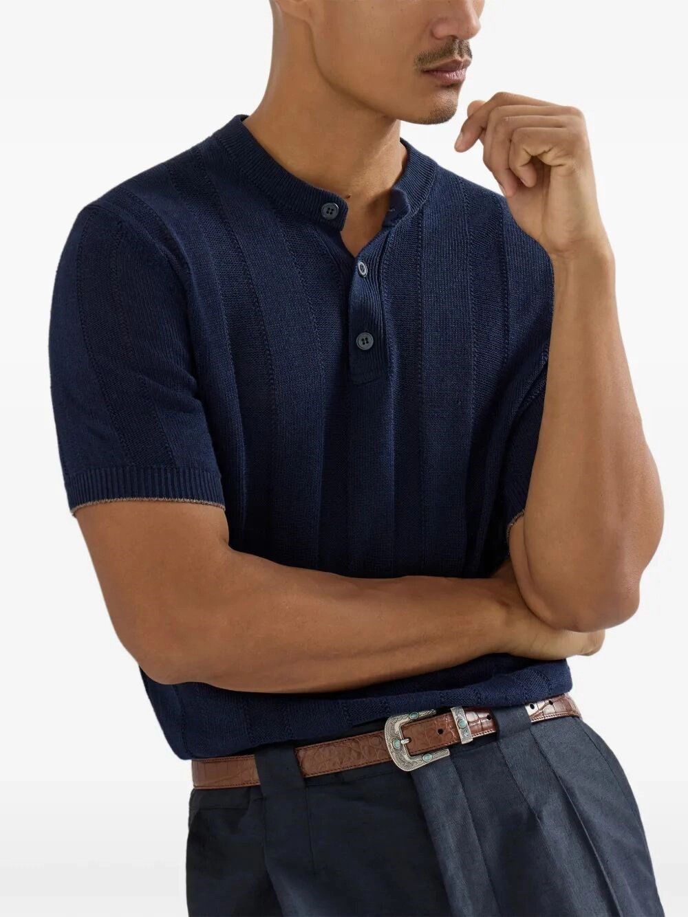 Brunello Cucinelli Textured Rib Knit T-Shirt With Henley Collar Size US XXL / EU 58 / 5 - 2 Thumbnail