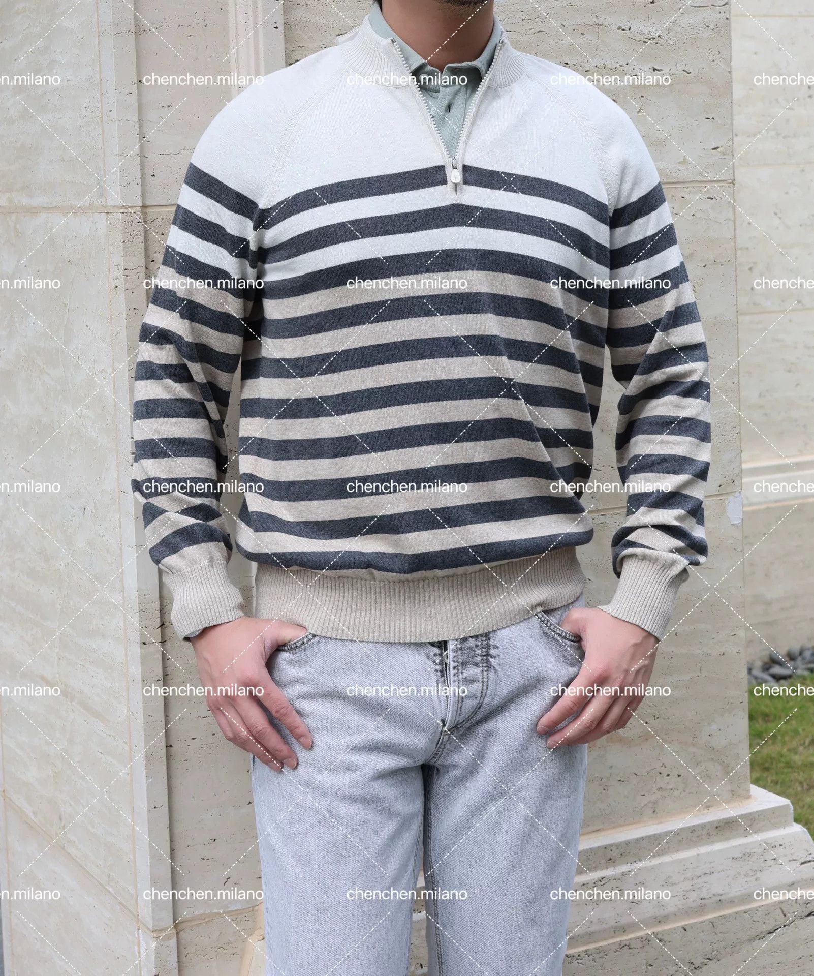 Brunello Cucinelli Brunello Cucinelli Striped Zip Sweater Size US L / EU 52-54 / 3 - 8 Thumbnail