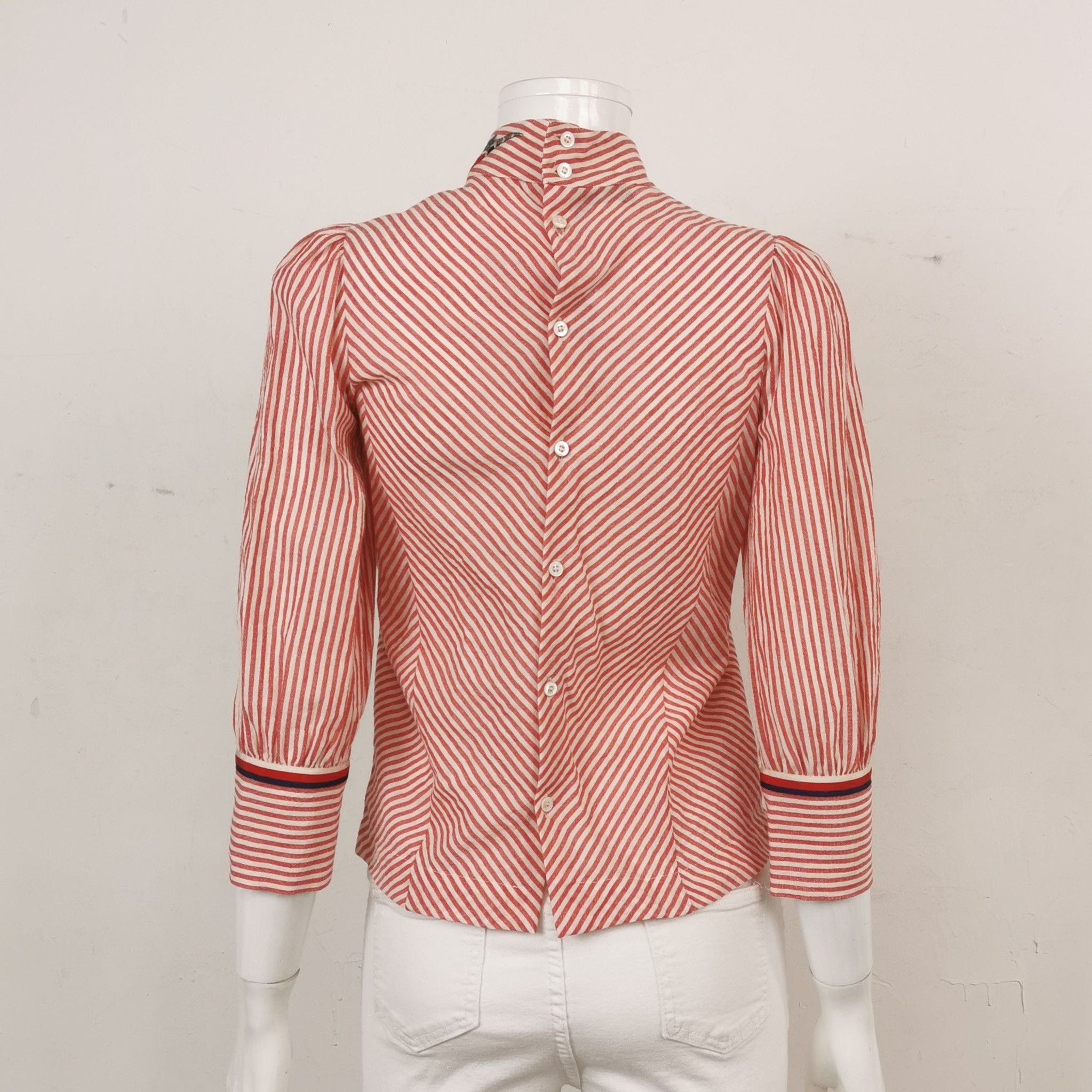 Gucci Red & White Striped Embroidered High-Neck Blouse Size S / US 4 / IT 40 - 3 Thumbnail