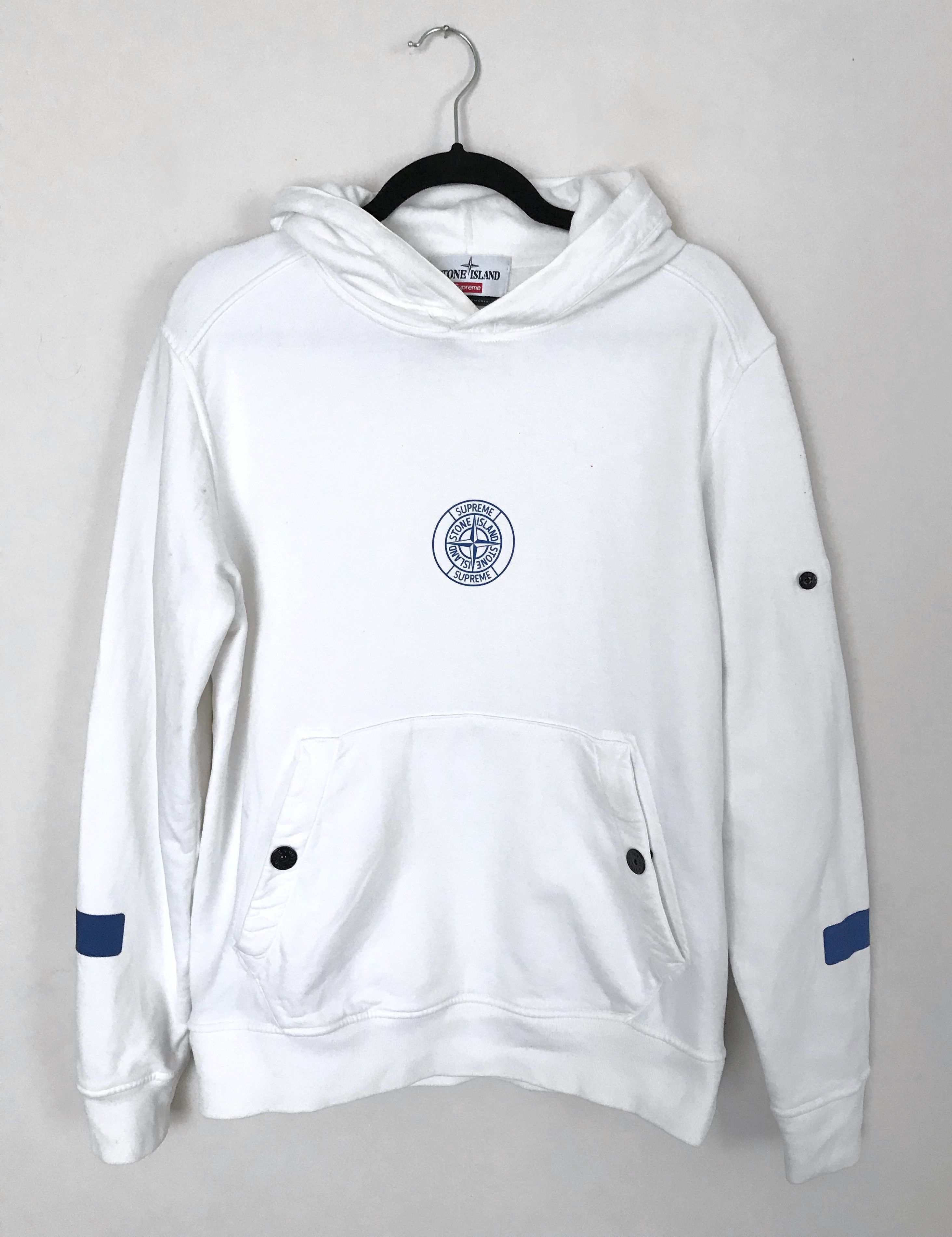 Stone Island Supreme Supreme X Stone Island Hoodie White with Blue Reflective detail Grailed