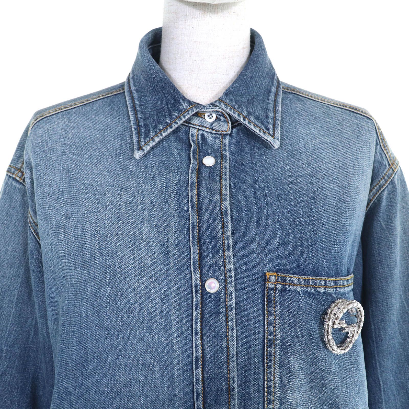 Gucci Gucci Gucci Interlocking G Brooch Denim Long Sleeve Shirt Denim Tops 772882 DUTY FREE for USA Size ONE SIZE - 4 Thumbnail
