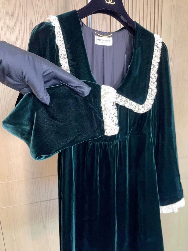 Saint Laurent Paris YSL Emerald Velvet Lace Collar Dress Size US 38 / EU 54 - 5 Thumbnail