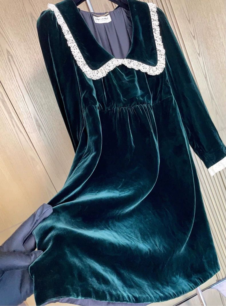 YSL Emerald Velvet Lace Collar Dress