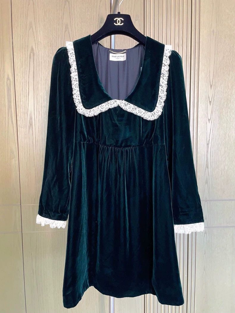Saint Laurent Paris YSL Emerald Velvet Lace Collar Dress Size US 38 / EU 54 - 4 Thumbnail