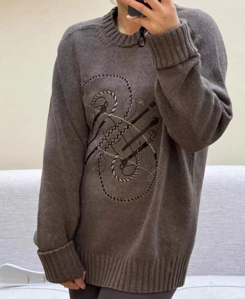 Hermes Hermes Brown Cashmere Embroidered Sweater Size US XXL / EU 58 / 5 - 8 Thumbnail