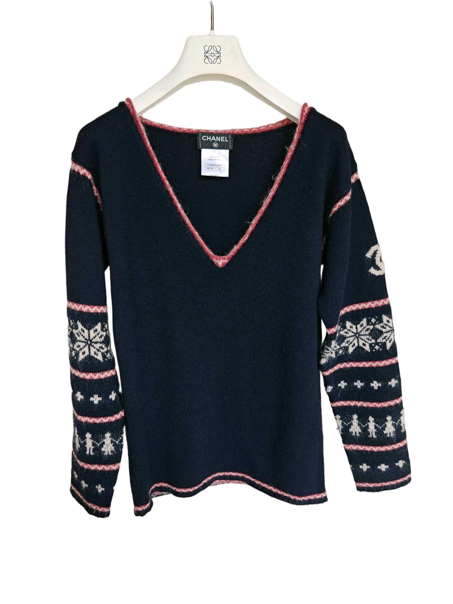 Chanel navy v-neck sweater with pink borders Size US S / EU 44-46 / 1 - 2 Thumbnail