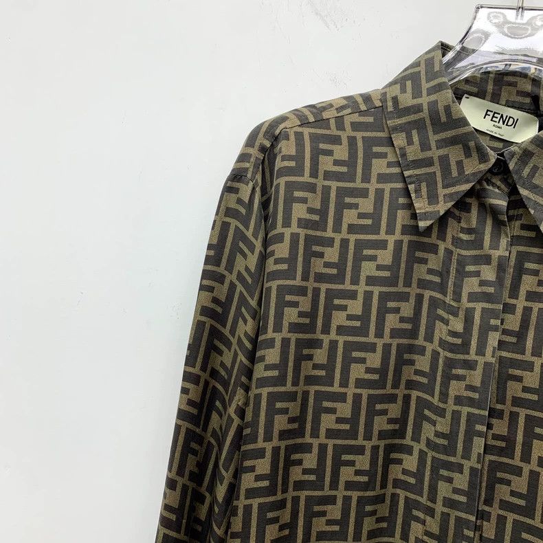 Fendi Fendi Brown Logo Print Silk Shirt Size US M / EU 48-50 / 2 - 3 Thumbnail