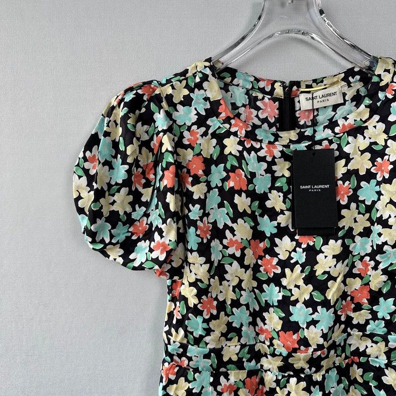 Saint Laurent Paris YSL Silk Floral Puff Sleeve Dress Size US 38 / EU 54 - 7 Thumbnail