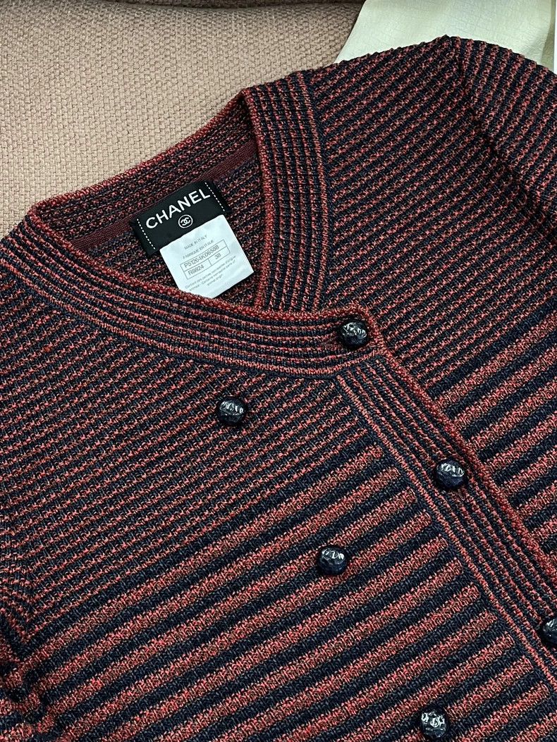 Chanel Chanel Red Black Stripe Knit Cardigan Coat Size US M / EU 48-50 / 2 - 2 Thumbnail