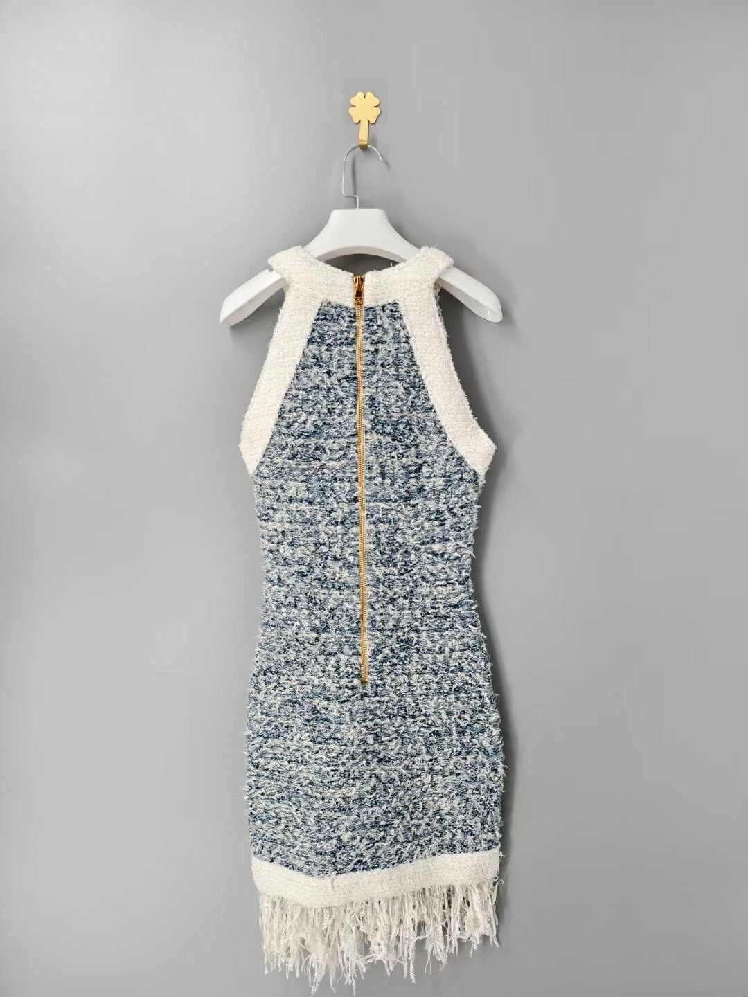Balmain fringed denim tweed dress with buttons Size US 36 / EU 52 - 2 Thumbnail