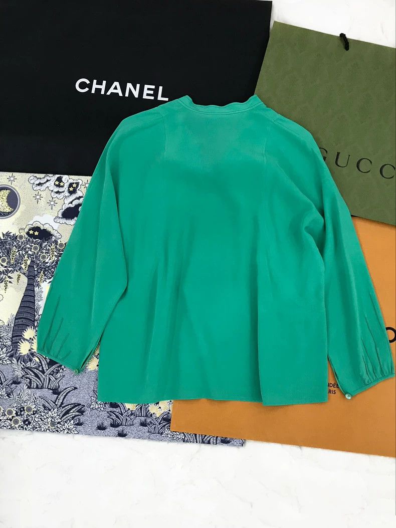 Hermes Hermes Green Silk Tie-Neck Blouse Size US XS / EU 42 / 0 - 2 Thumbnail
