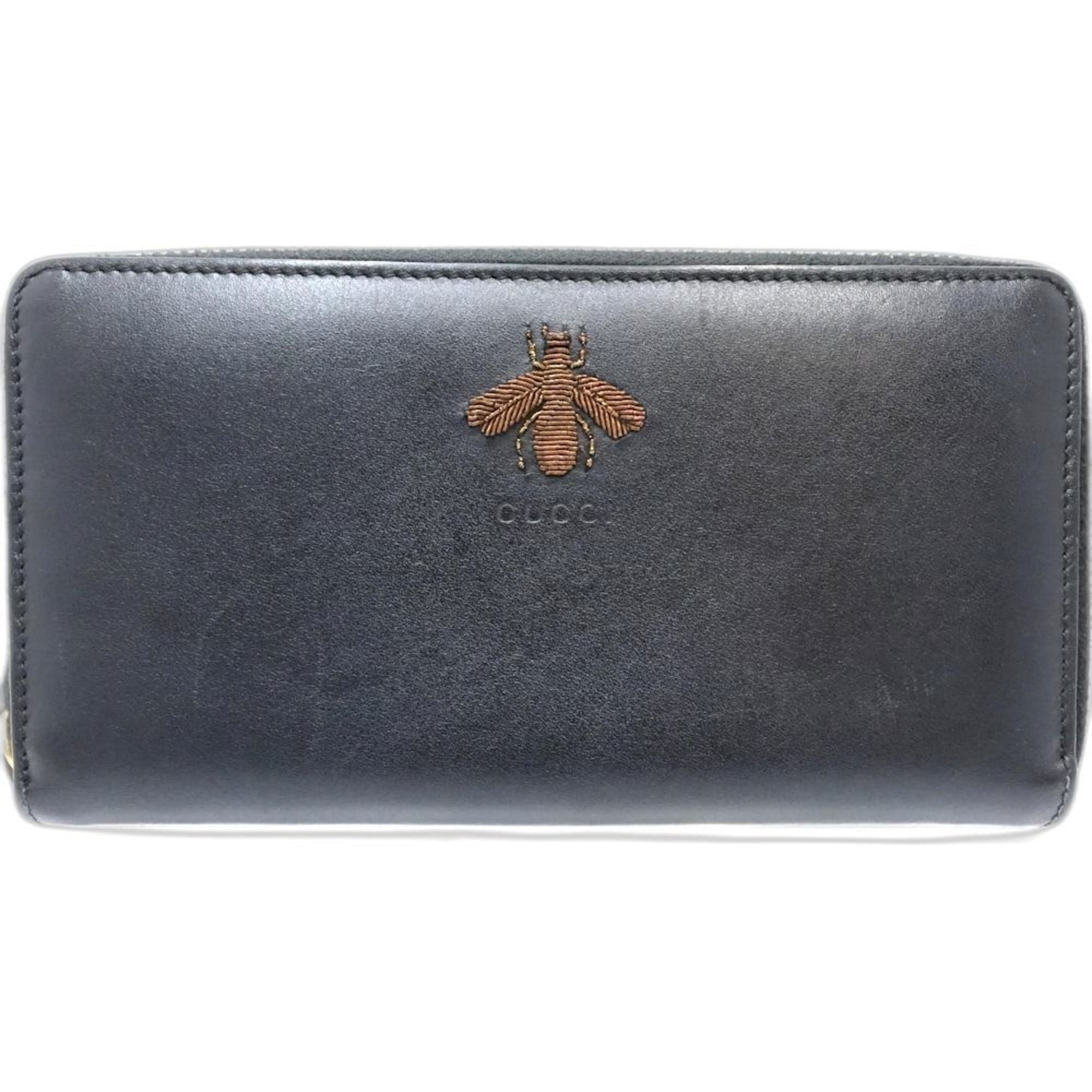 Gucci GUCCI Animalier BEE Round Zip Wallet (428747) in Black Leather, Women's, 181800 Size ONE SIZE - 2 Thumbnail