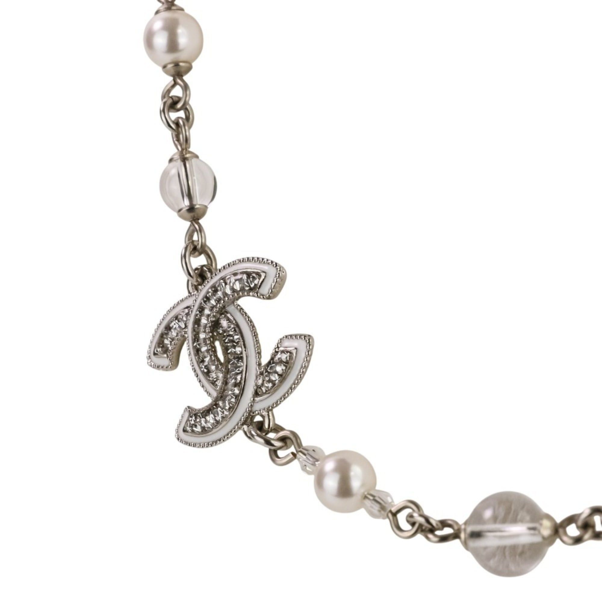 Chanel A25C CHANEL Rhinestone Coco Mark Pearl Necklace, Silver/White, Women's Size ONE SIZE - 7 Thumbnail