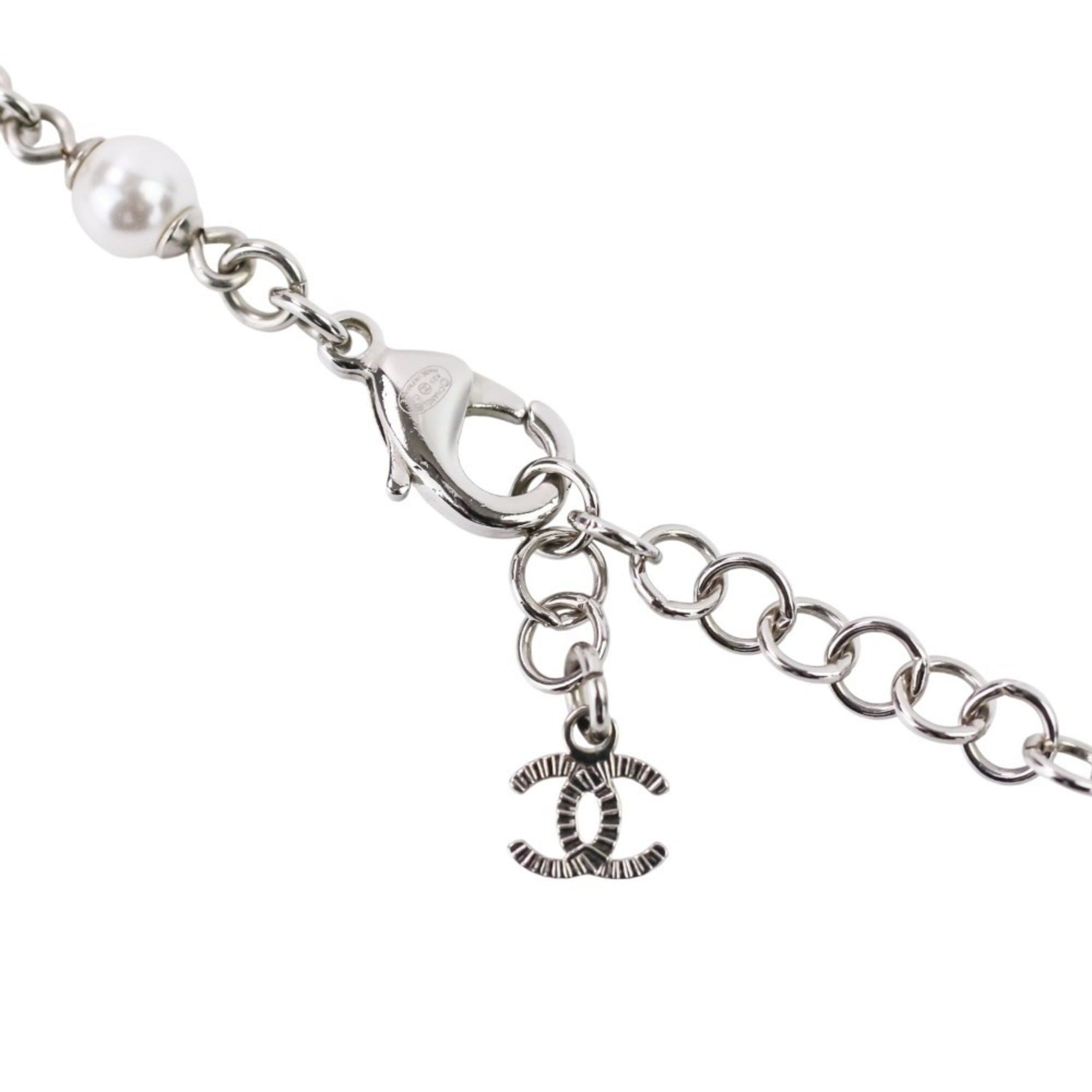 Chanel A25C CHANEL Rhinestone Coco Mark Pearl Necklace, Silver/White, Women's Size ONE SIZE - 10 Thumbnail