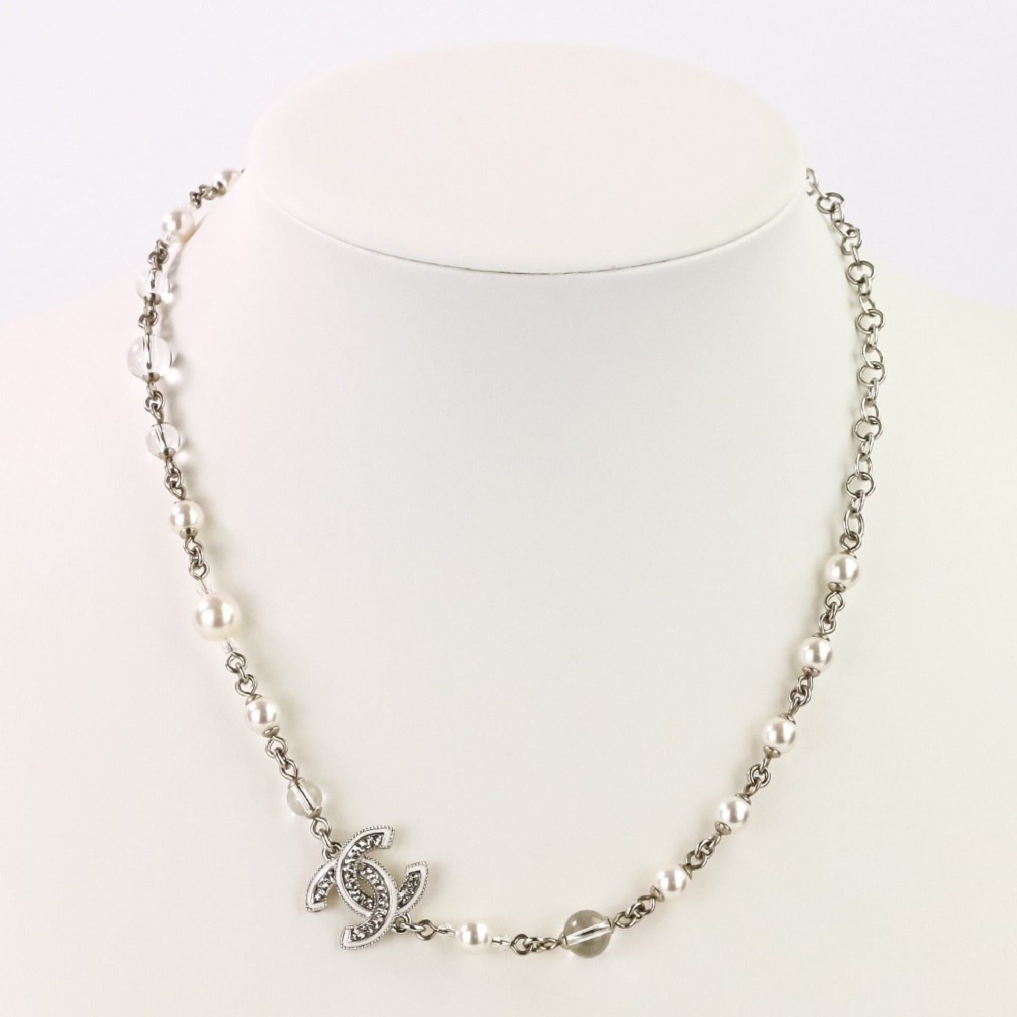 Chanel A25C CHANEL Rhinestone Coco Mark Pearl Necklace, Silver/White, Women's Size ONE SIZE - 2 Thumbnail