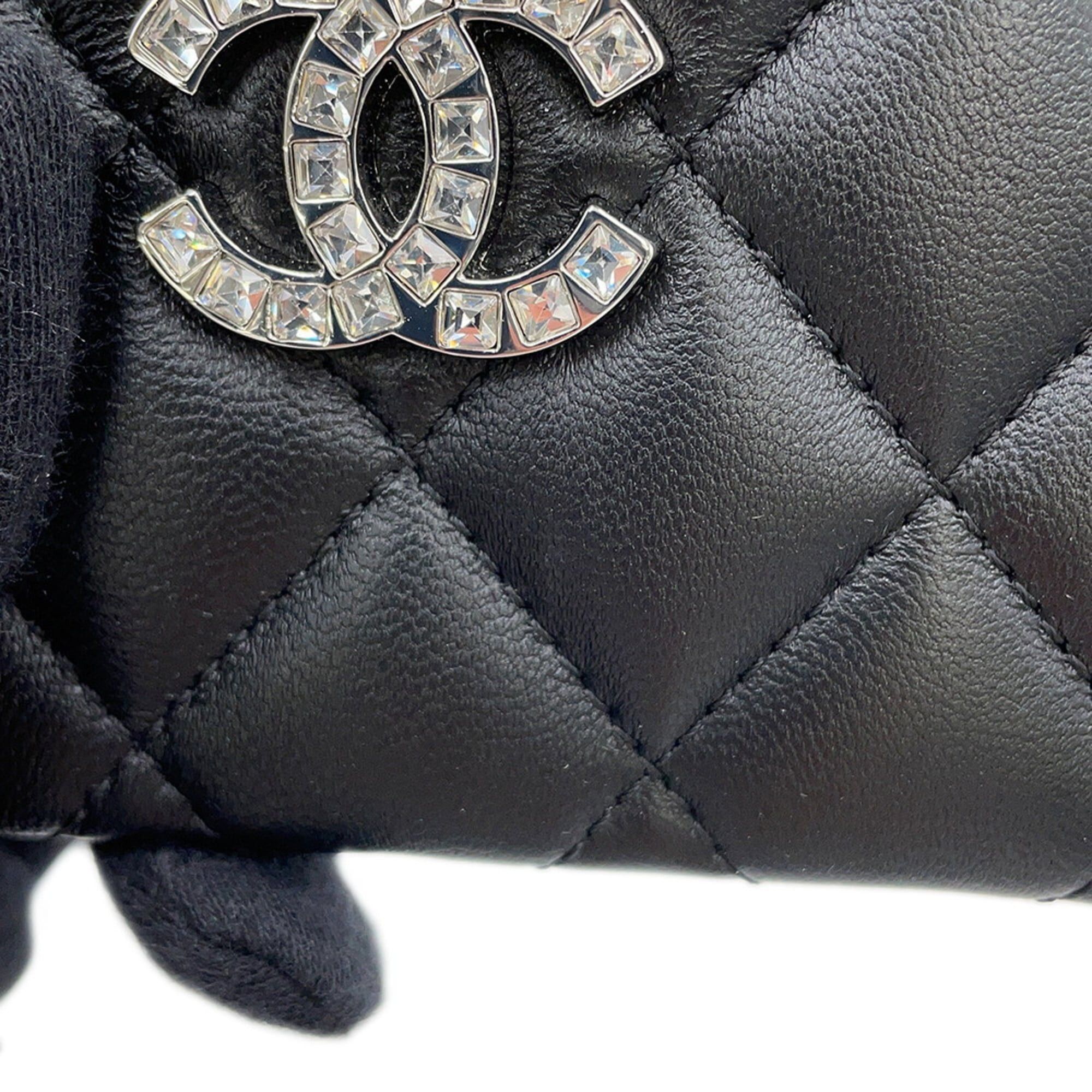 CHANEL Card Case, Matelasse, Coco Mark, Rhinestone, Lambskin, AP3990, Business Holder, Pass Black
