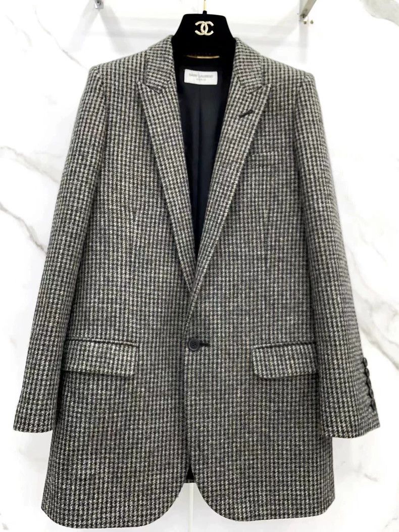 Saint Laurent Paris SAINT LAURENT Black Plaid Wool Blazer Size US XS / EU 42 / 0 - 4 Thumbnail