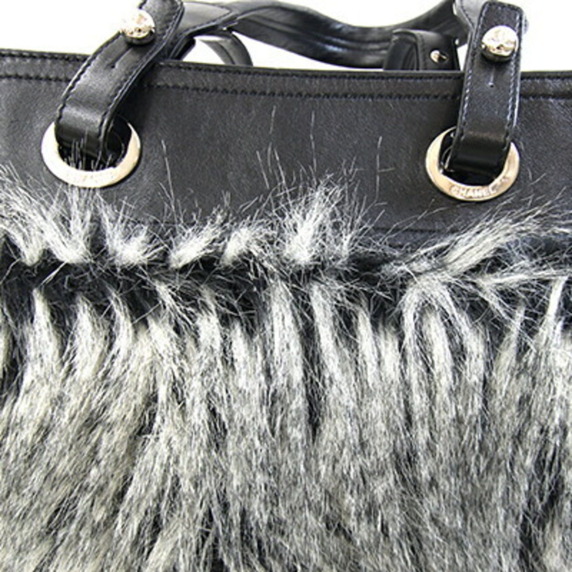 Chanel Chanel Paris-Biarritz Tote MM Black Leather Coated Canvas Faux Fur Shoulder Bag with Coco Mark, Women's Size ONE SIZE - 5 Thumbnail