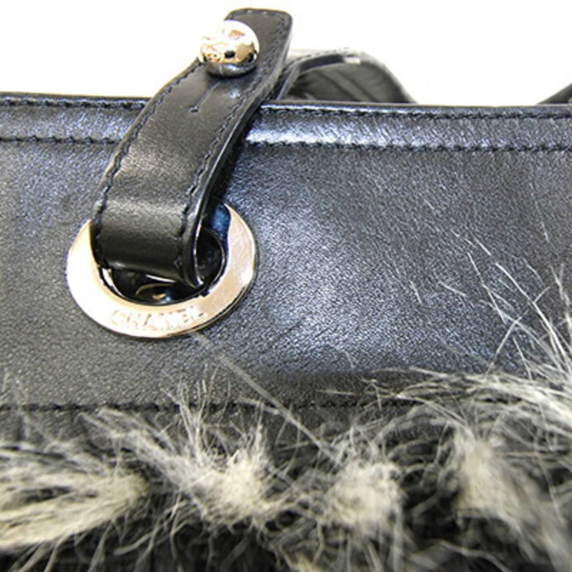 Chanel Chanel Paris-Biarritz Tote MM Black Leather Coated Canvas Faux Fur Shoulder Bag with Coco Mark, Women's Size ONE SIZE - 7 Thumbnail