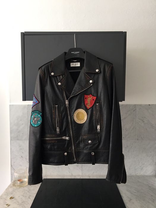 Saint laurent multi hot sale patch leather jacket