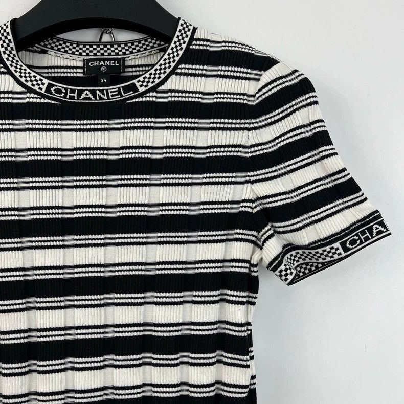 Chanel Chanel Black White Stripe Logo Knit Top Size US M / EU 48-50 / 2 - 5 Thumbnail