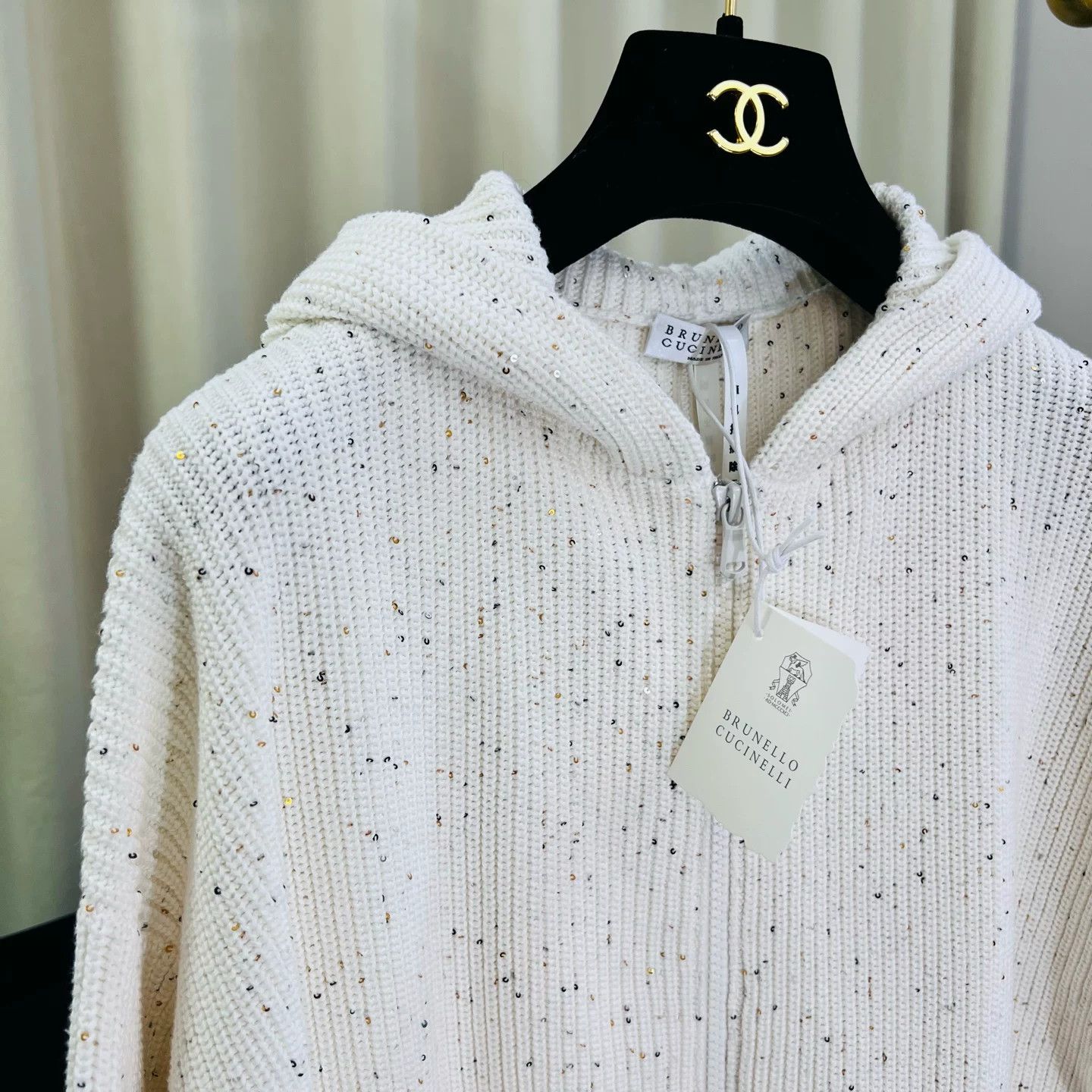 Brunello Cucinelli Brunello Cucinelli White Sequin Knit Hoodie Size US S / EU 44-46 / 1 - 3 Thumbnail