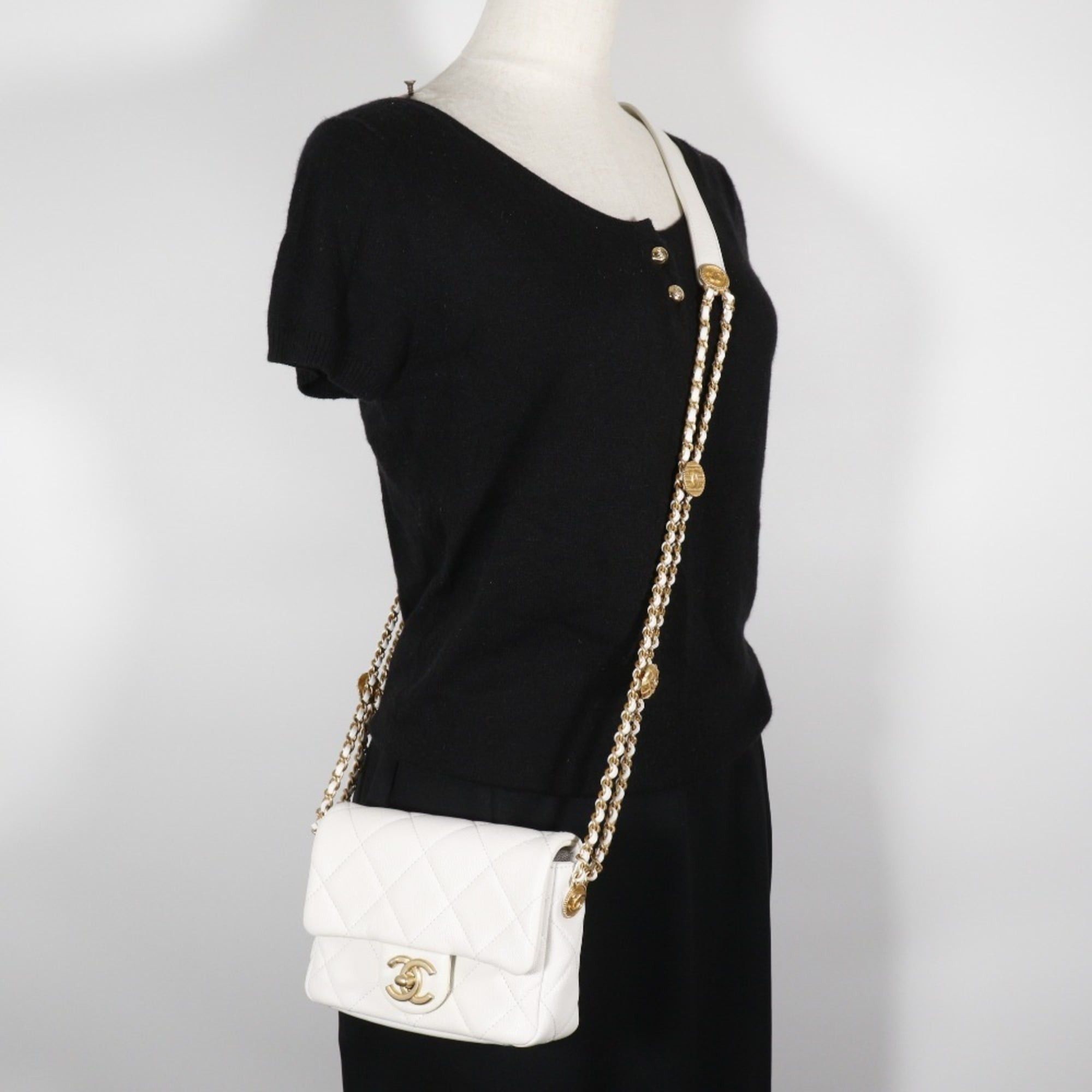 Chanel CHANEL Matelasse Flap Shoulder Bag Chain A35200 Caviar Skin Made in Italy White/Gold Hardware Crossbody Turn Lock Women's Size ONE SIZE - 15 Thumbnail