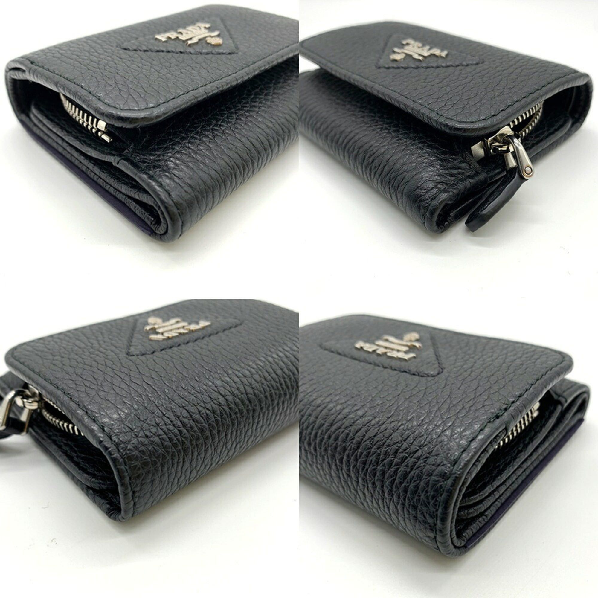 Prada Prada Tri-fold Leather Triangle Compact Wallet 1MH044 Black PRADA Size ONE SIZE - 3 Thumbnail