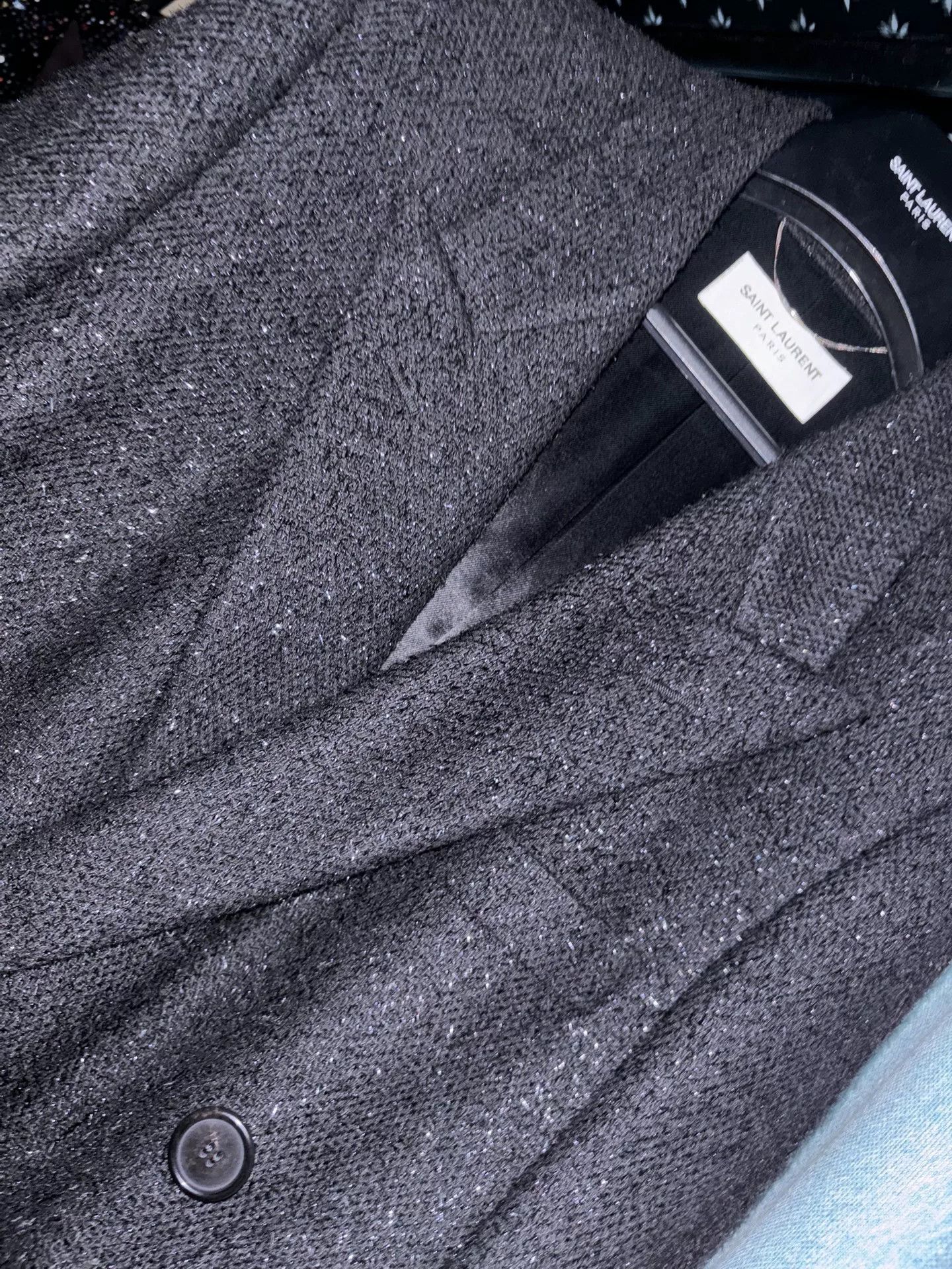 Saint Laurent Paris Saint Laurent Black Glitter Double-Breasted Coat Size L / US 10 / IT 46 - 3 Thumbnail