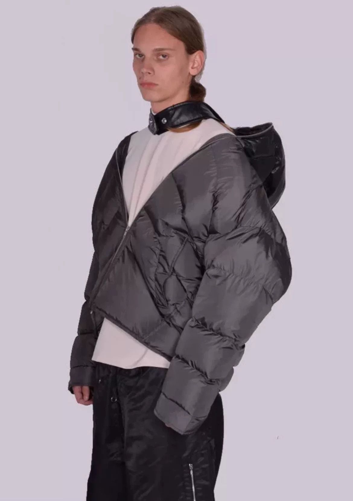 Random Identities oversized gray-black leather cap puffer jacket Size US M / EU 48-50 / 2 - 9 Thumbnail