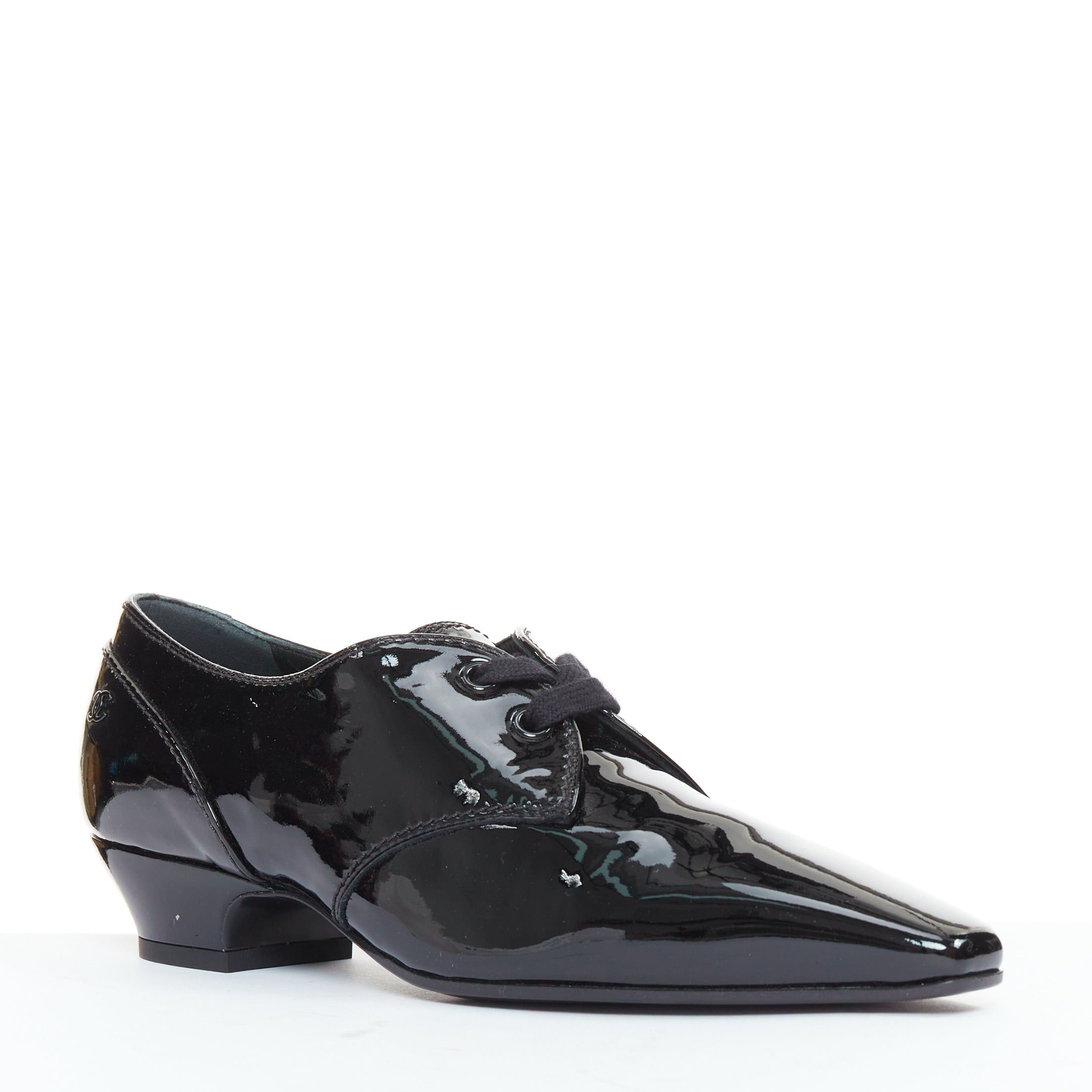 Chanel CHANEL 2018 Runway Forest Fairies black patent pointed square toe derby oxford EU37.5 Size US 7.5 / IT 37.5 - 3 Thumbnail