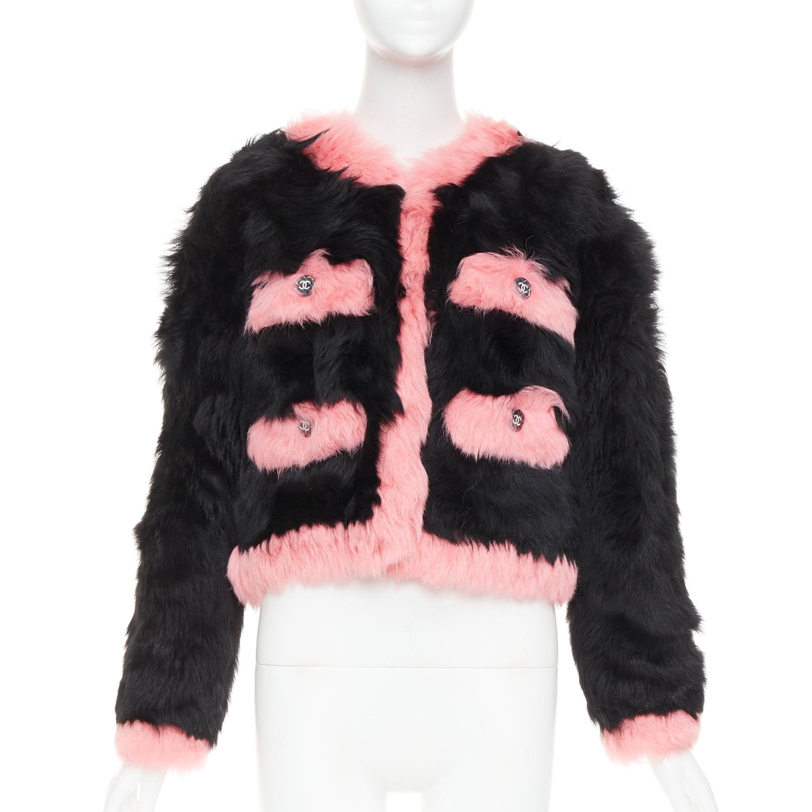 Chanel rare CHANEL 21K black pink shearling fur CC crystal buttons 4 pocket jacket FR36 S Size S / US 4 / IT 40 - 3 Thumbnail