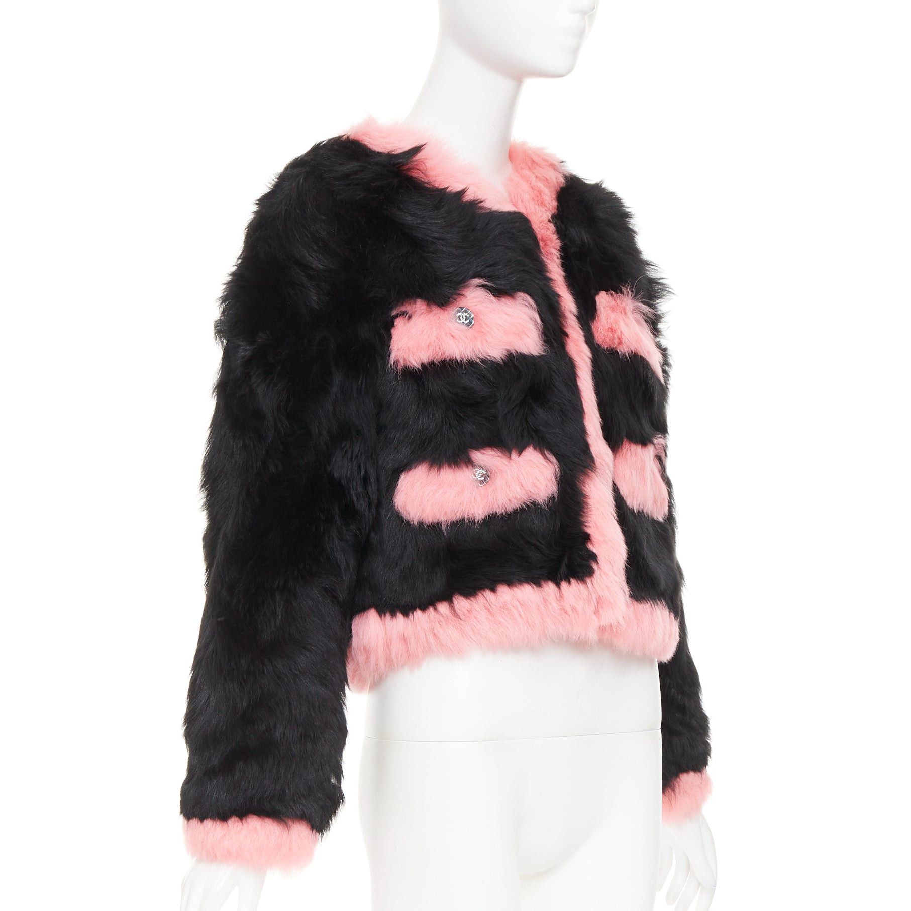 Chanel rare CHANEL 21K black pink shearling fur CC crystal buttons 4 pocket jacket FR36 S Size S / US 4 / IT 40 - 4 Thumbnail
