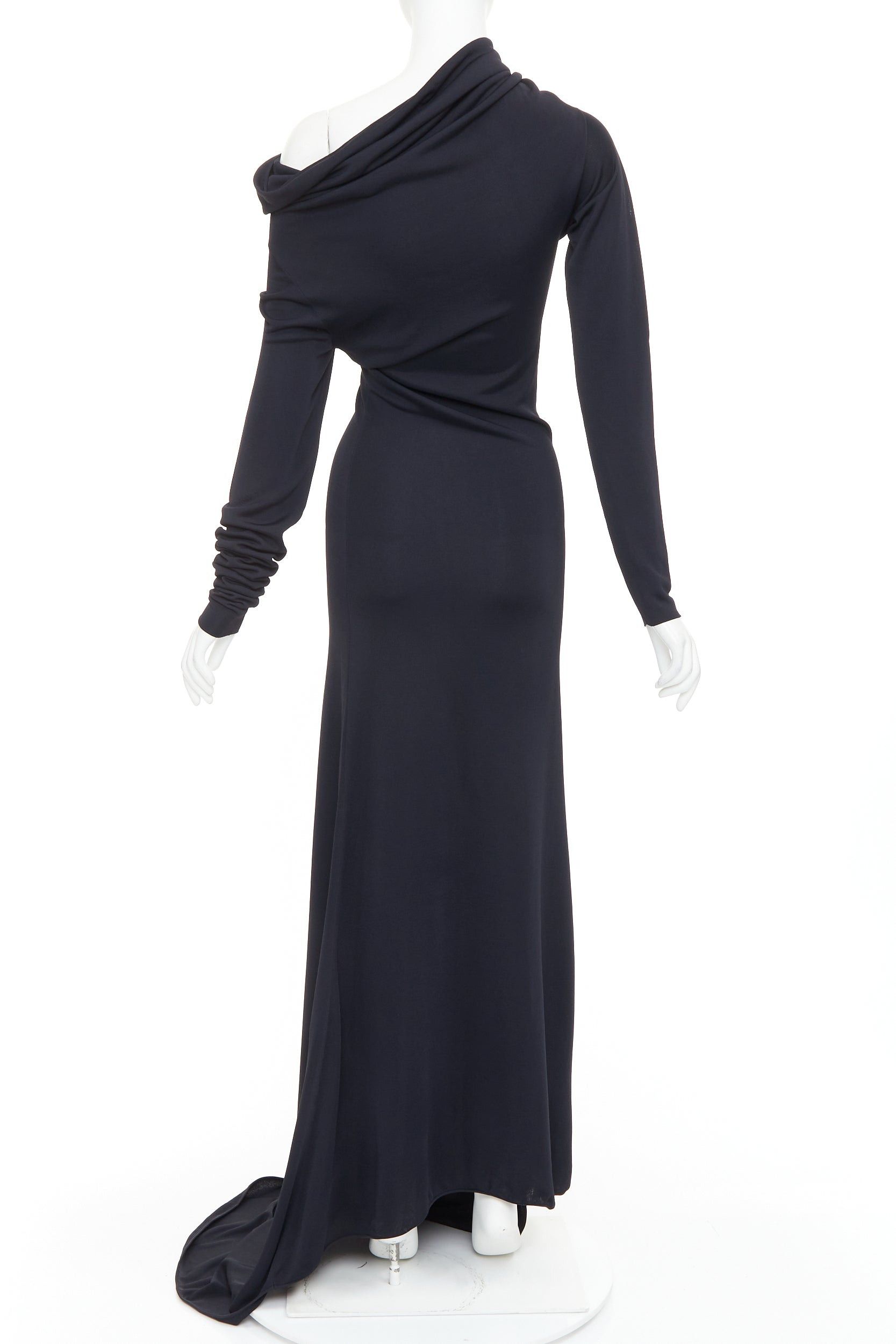 Salvatore Ferragamo FERRAGAMO Maximilian Davis 2023 black viscose blend off shoulder drape train gown M Size M / US 6-8 / IT 42-44 - 5 Thumbnail