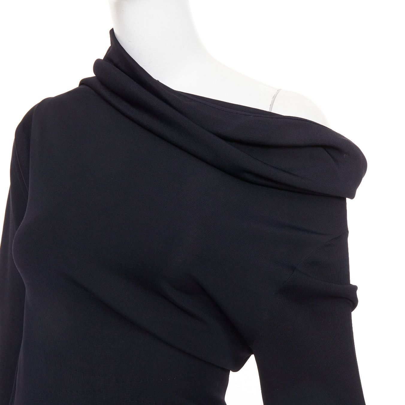 Salvatore Ferragamo FERRAGAMO Maximilian Davis 2023 black viscose blend off shoulder drape train gown M Size M / US 6-8 / IT 42-44 - 2 Thumbnail