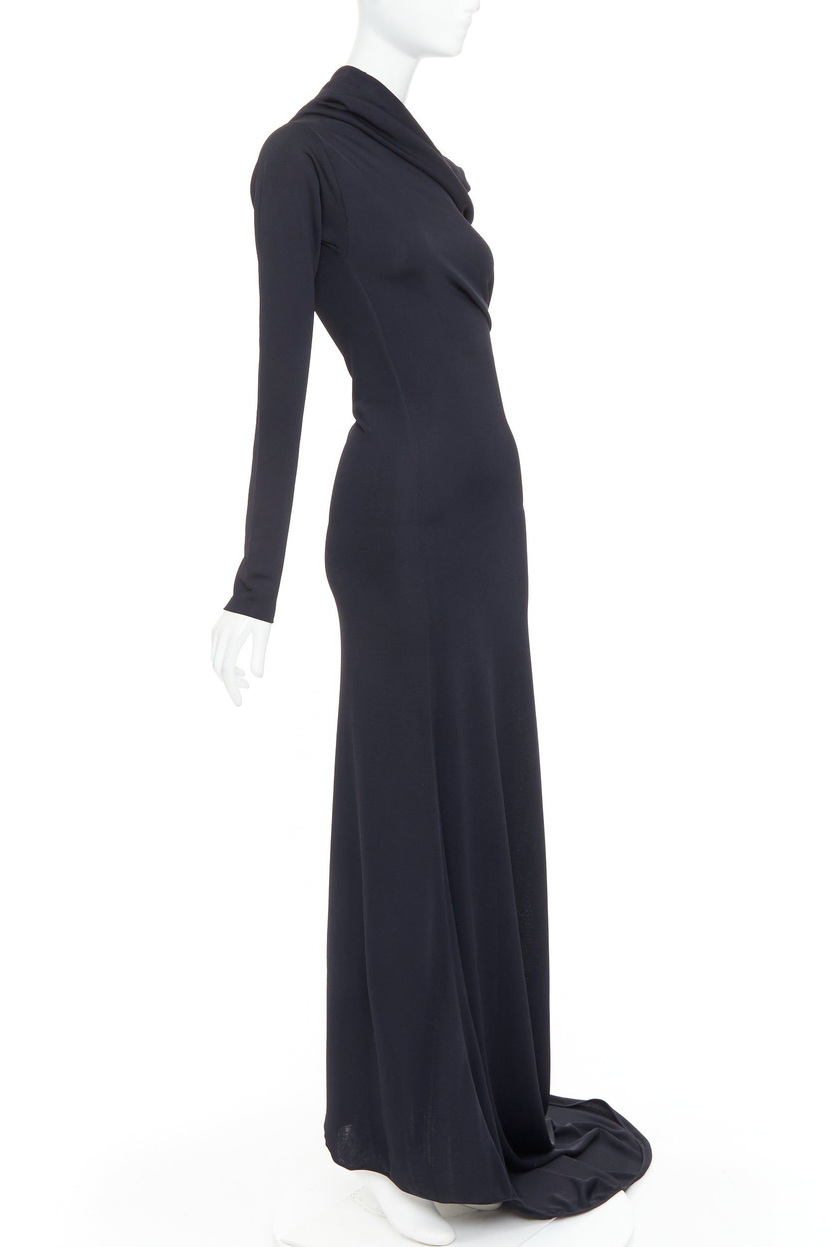 Salvatore Ferragamo FERRAGAMO Maximilian Davis 2023 black viscose blend off shoulder drape train gown M Size M / US 6-8 / IT 42-44 - 3 Thumbnail