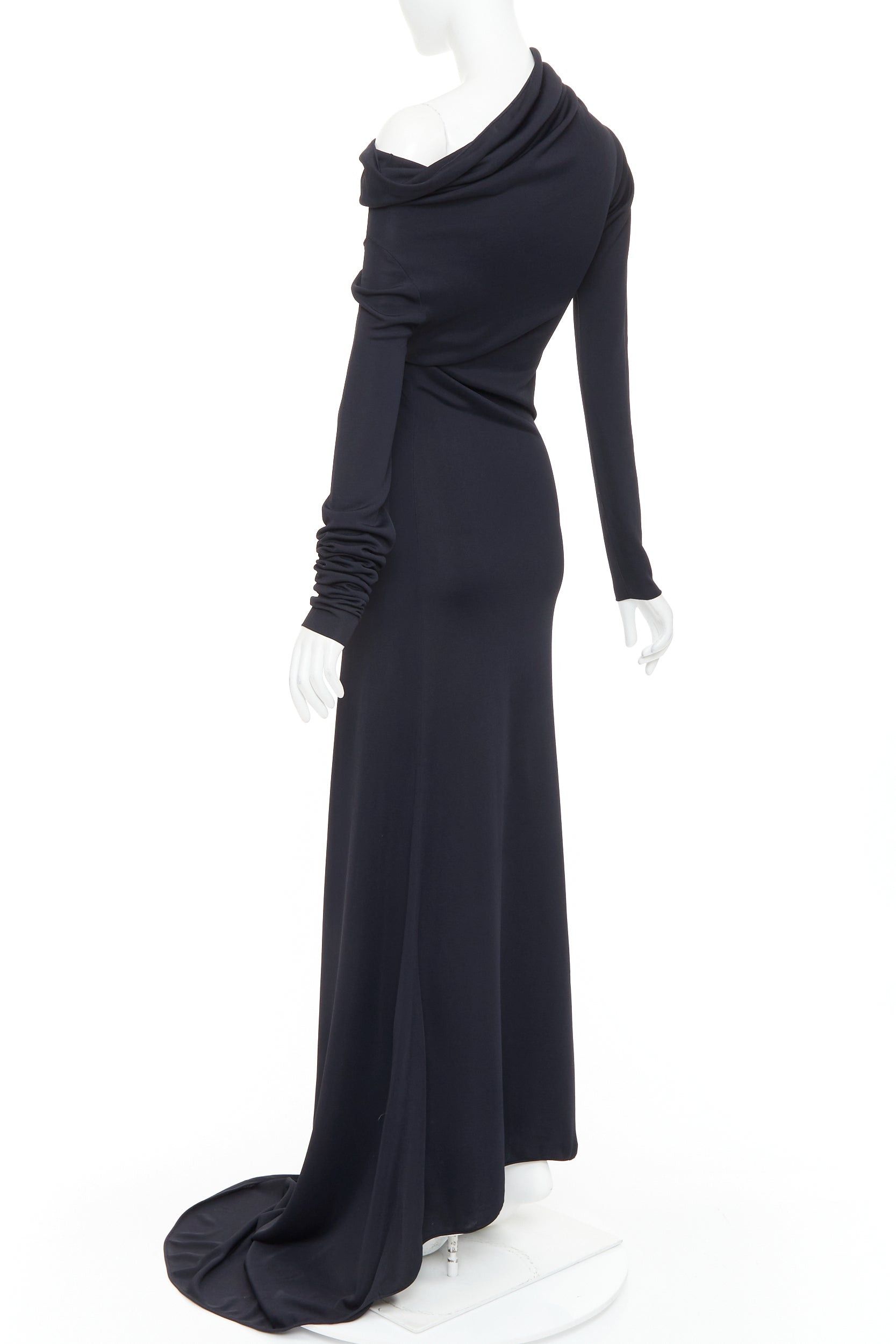 Salvatore Ferragamo FERRAGAMO Maximilian Davis 2023 black viscose blend off shoulder drape train gown M Size M / US 6-8 / IT 42-44 - 6 Thumbnail