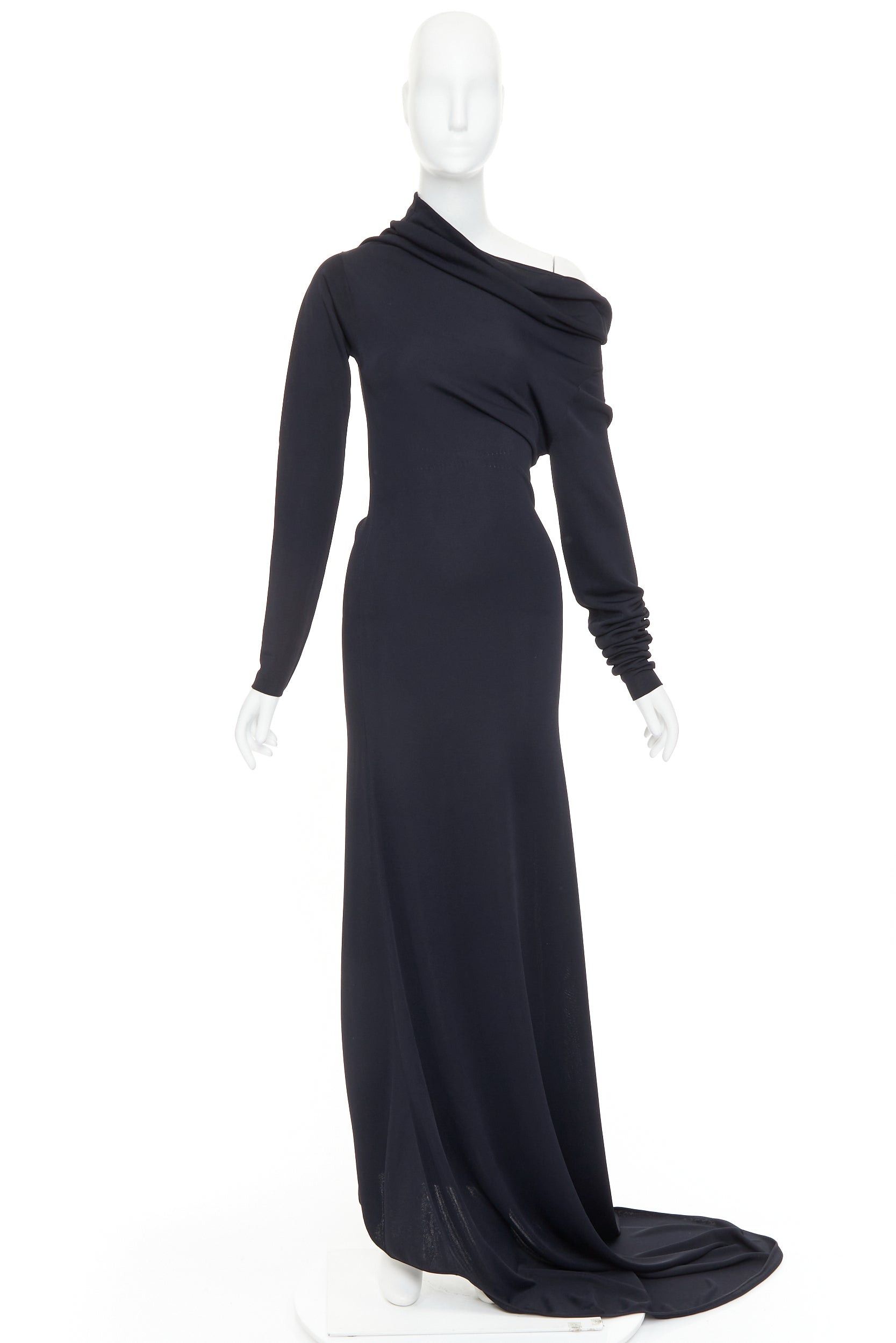 Salvatore Ferragamo FERRAGAMO Maximilian Davis 2023 black viscose blend off shoulder drape train gown M Size M / US 6-8 / IT 42-44 - 9 Thumbnail